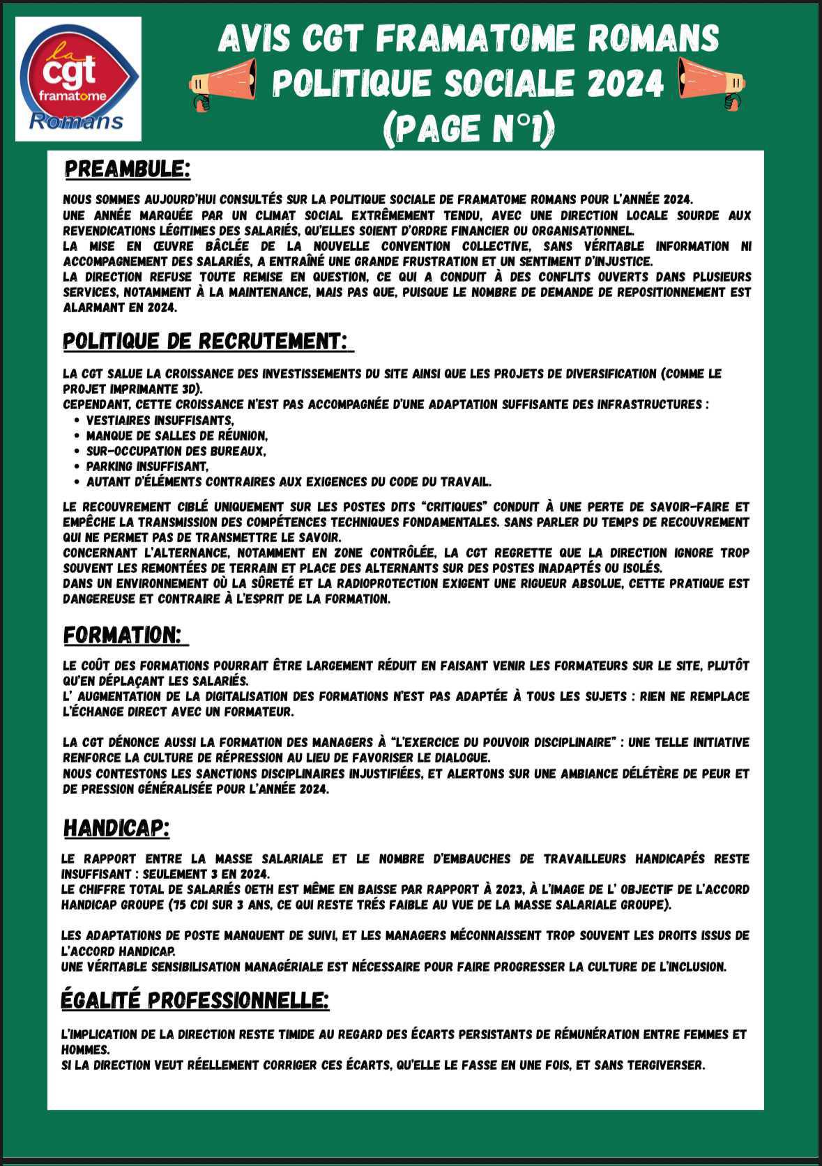 Avis CGT sur la politique sociale 2024 du site de Romans Avis CGT sur la politique sociale 2024 du site de Romans