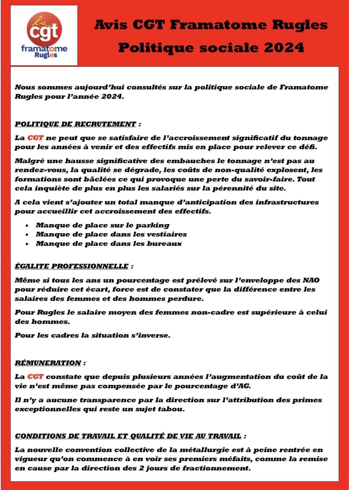 🔴 Avis CGT Framatome Rugles – Politique sociale 2024
