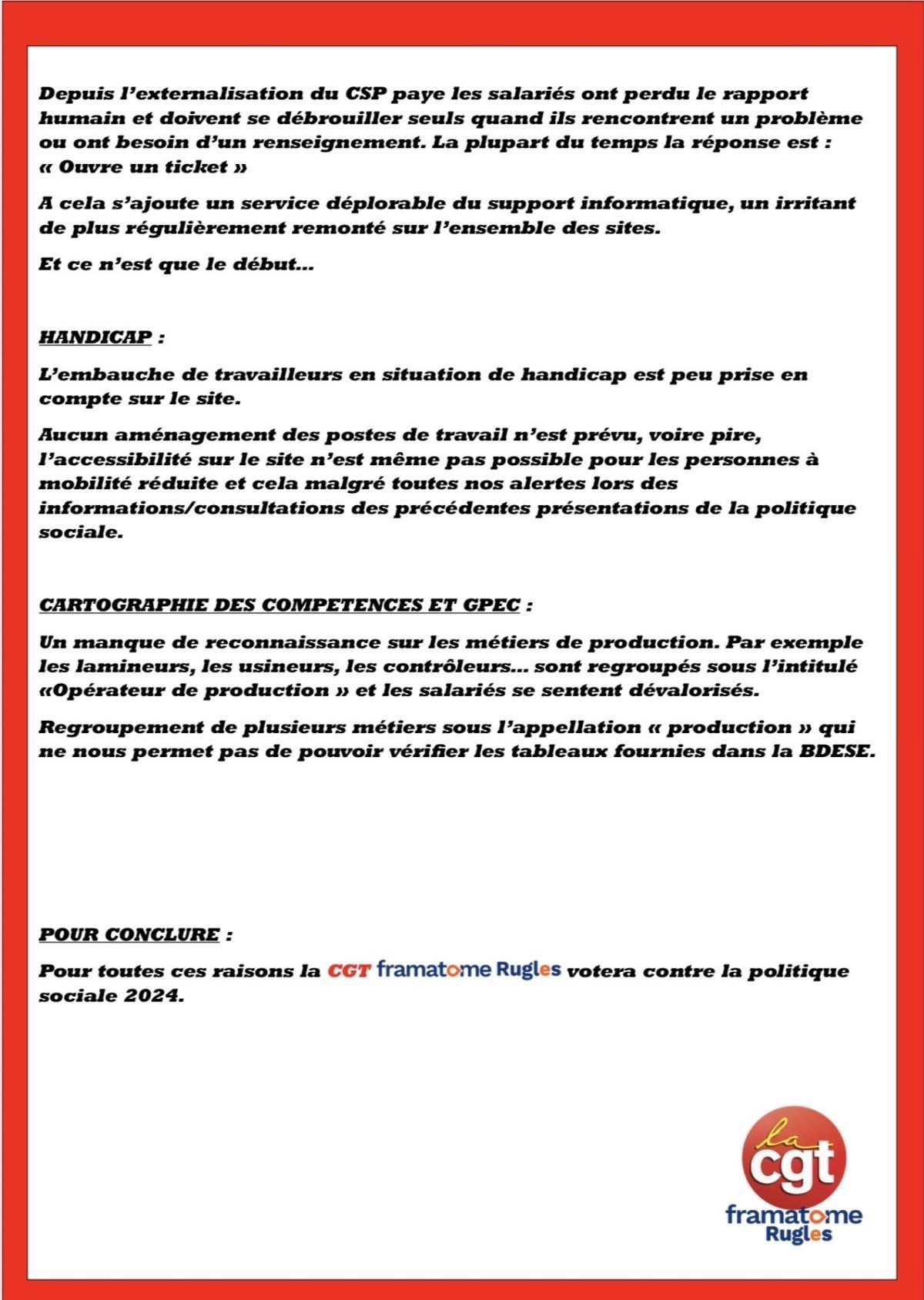 🔴 Avis CGT Framatome Rugles – Politique sociale 2024
