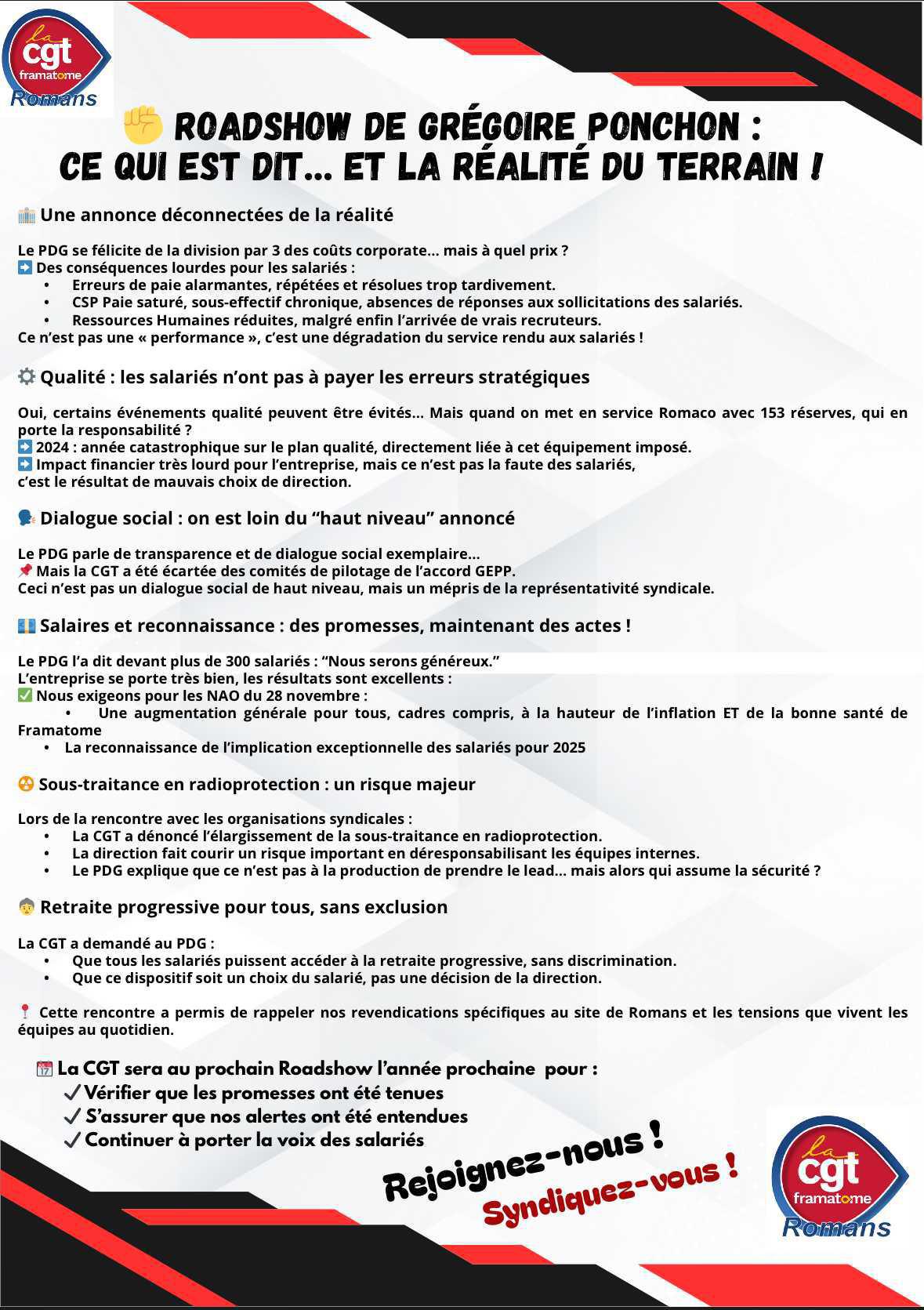 Le PDG Framatome rencontre les salariés et la CGT, voici le détail … Le PDG Framatome rencontre les salariés et la CGT, voici le détail …