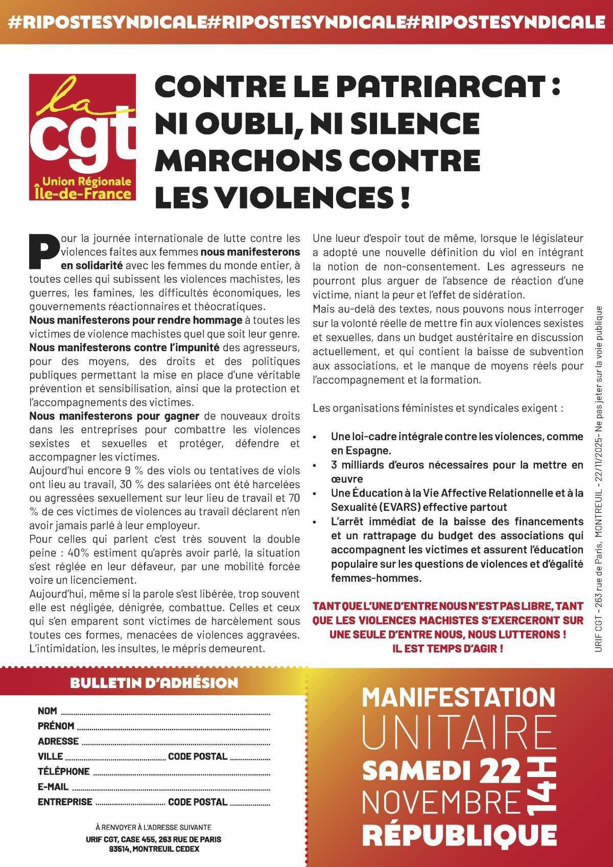 Journée internationale de lutte contre les violences faites aux femmes: RV le 22 Novembre à 14h à République