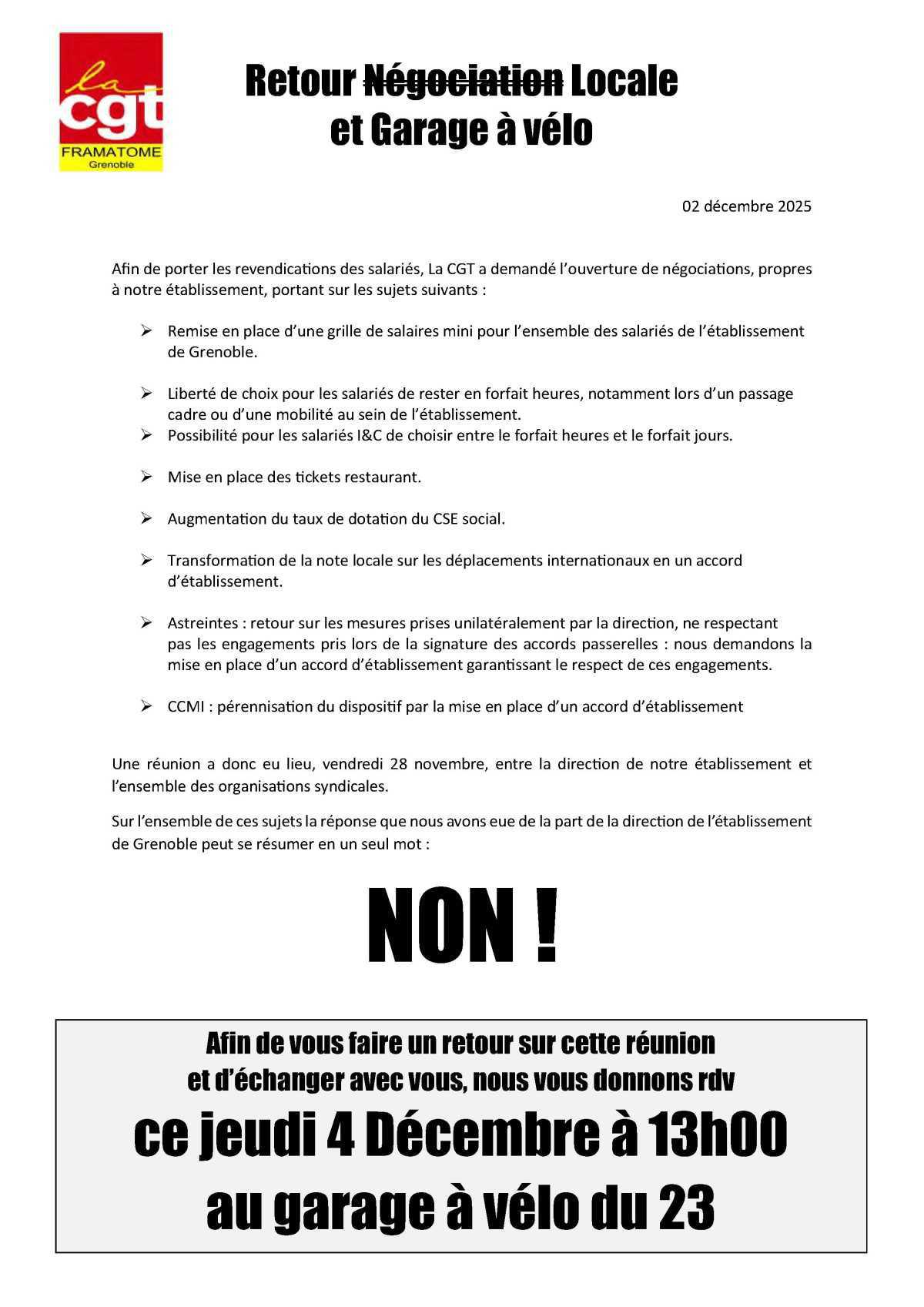 Retour sur la demande de négociations locales