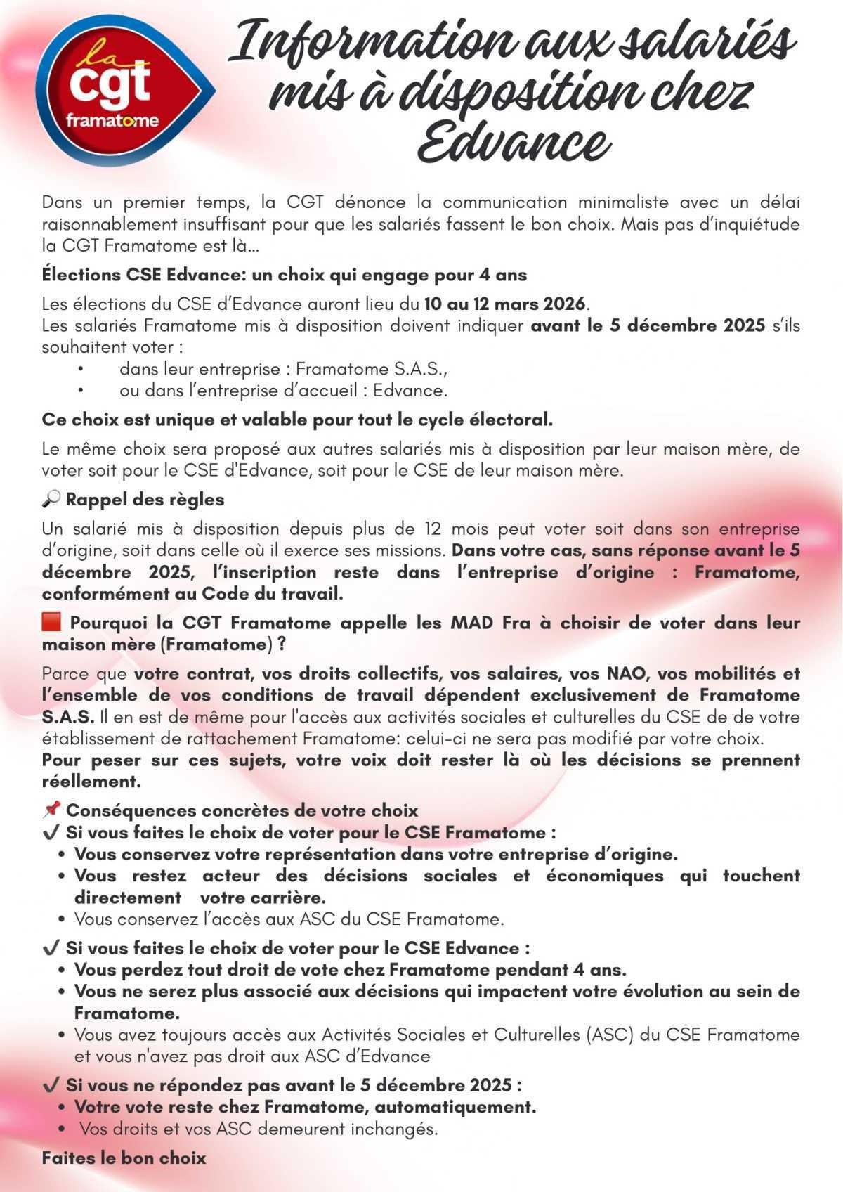 📢 Salariés Framatome mis à disposition chez Edvance