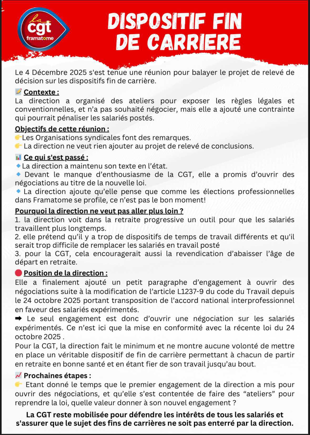 Voici la résultante du relevé de conclusion sur les dispositifs fin de carrière Voici la résultante du relevé de conclusion sur les dispositifs fin de carrière