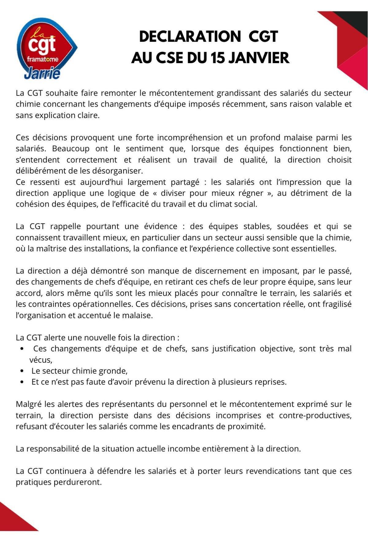 Déclaration CGT Framatome Jarrie au CSE du 15 janvier 2026