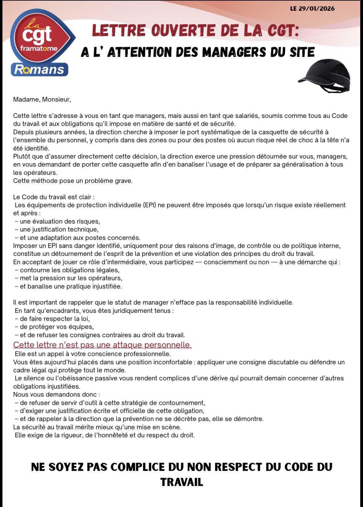 Message aux managers du site de Romans Message aux managers du site de Romans