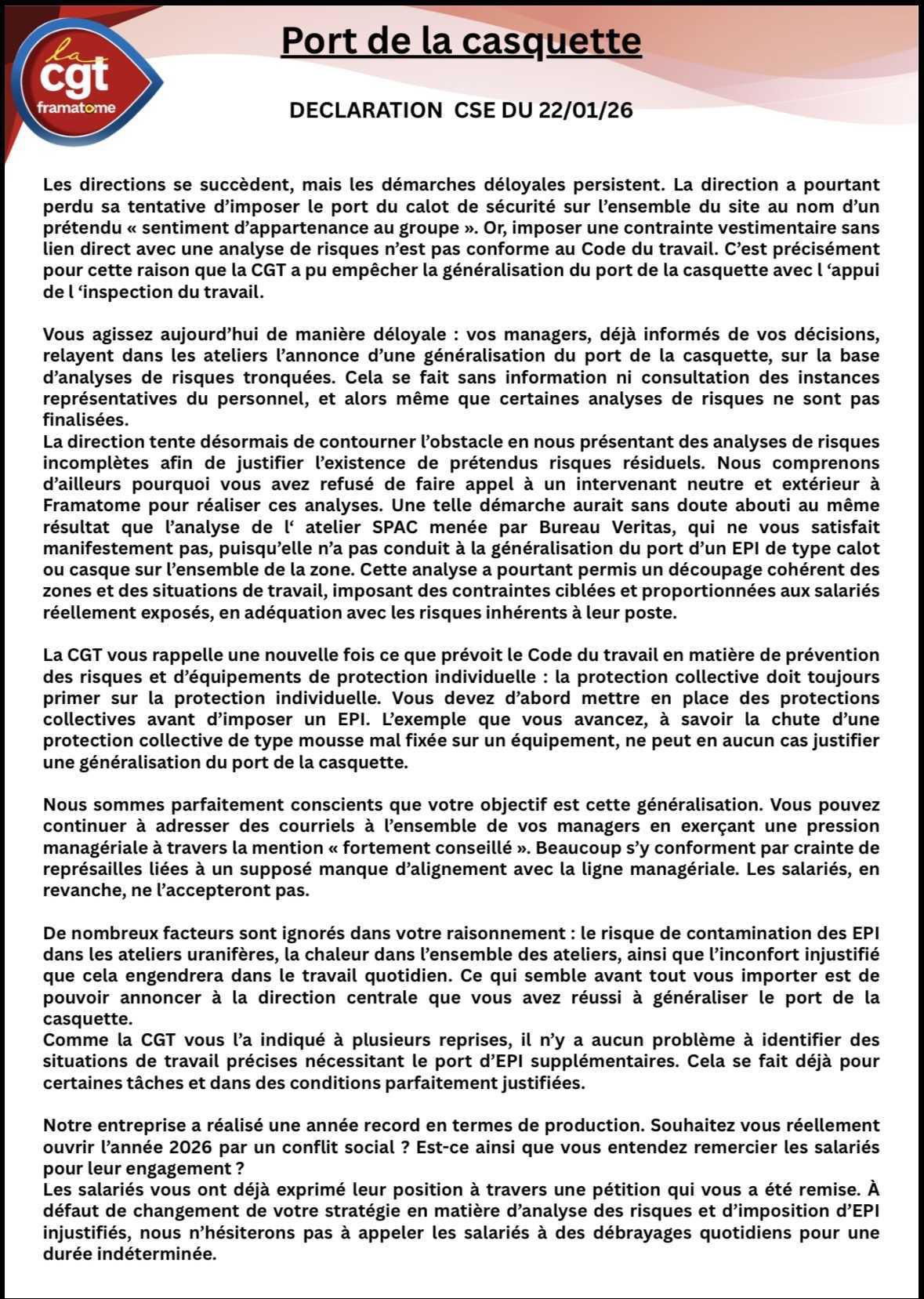 Déclaration CGT lors du CSE du 22 janvier 2026 