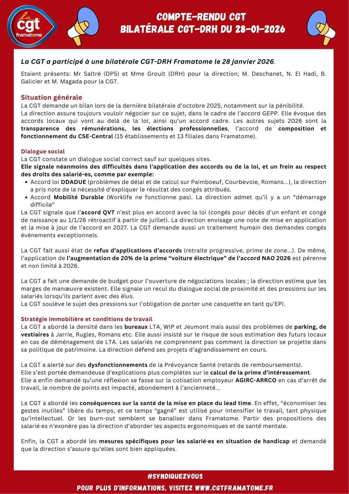 📣 Compte Rendu de la bilatérale CGT-DRH 🔴28 janvier 2026 🔴