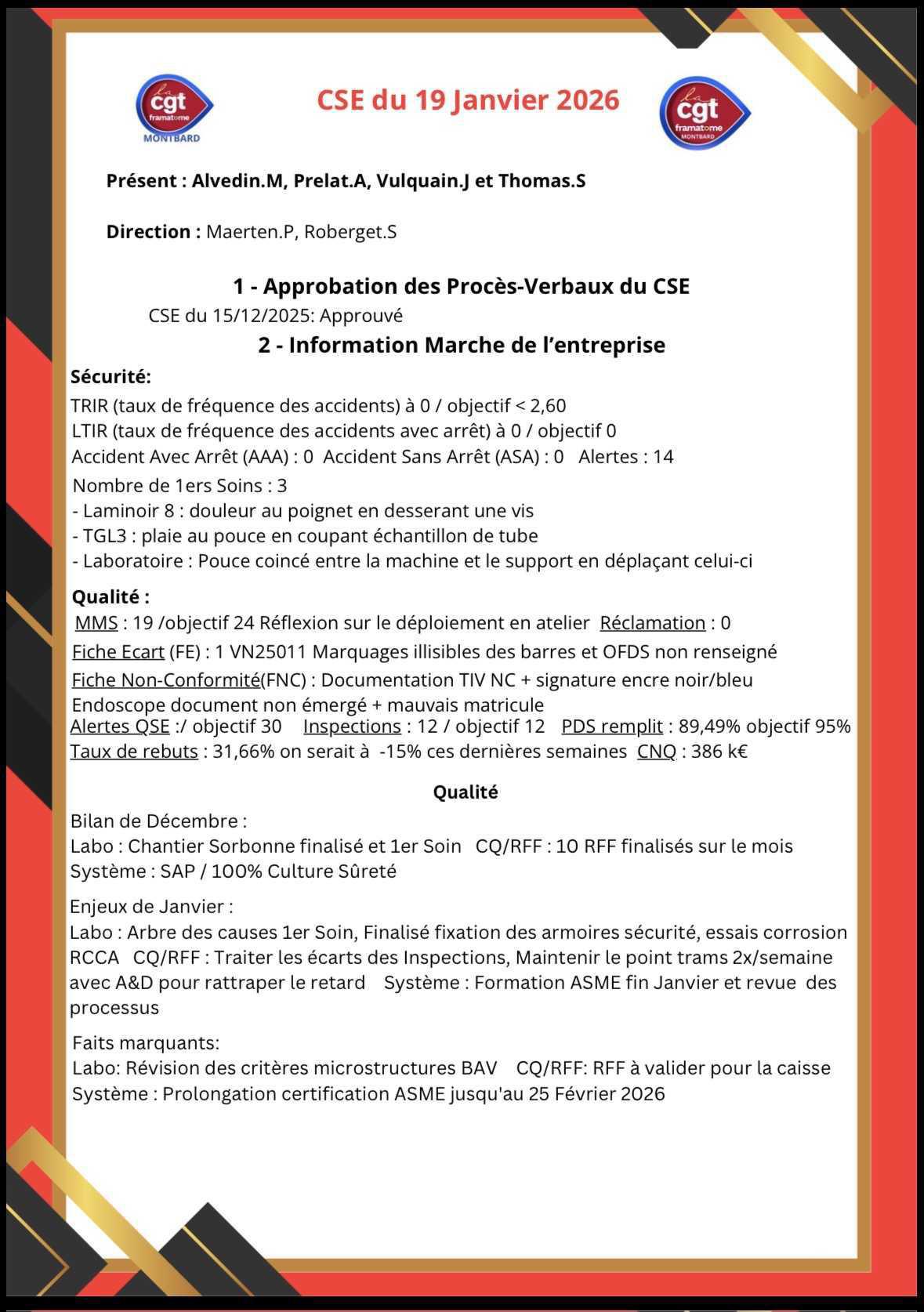 Compte rendu CGT du CSE en date du 19 Janvier 2026