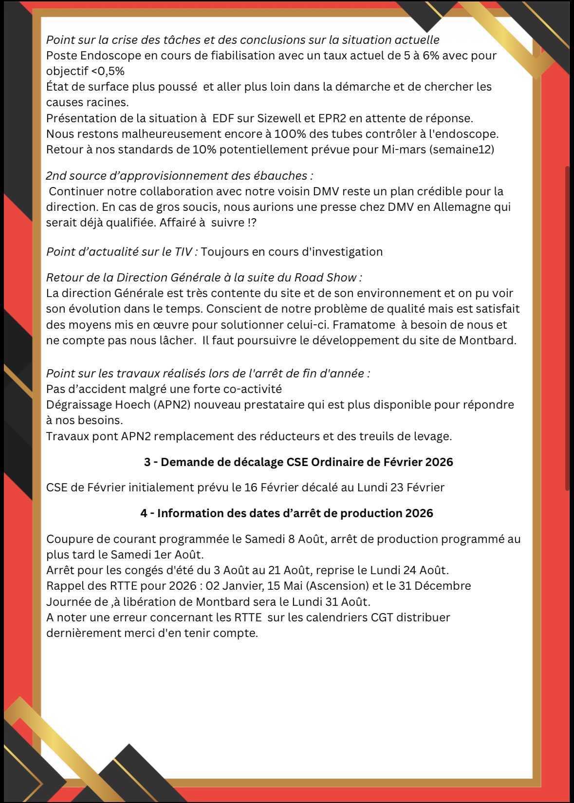 Compte rendu CGT du CSE en date du 19 Janvier 2026