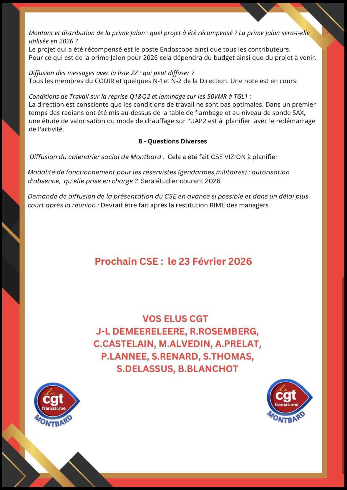 Compte rendu CGT du CSE en date du 19 Janvier 2026