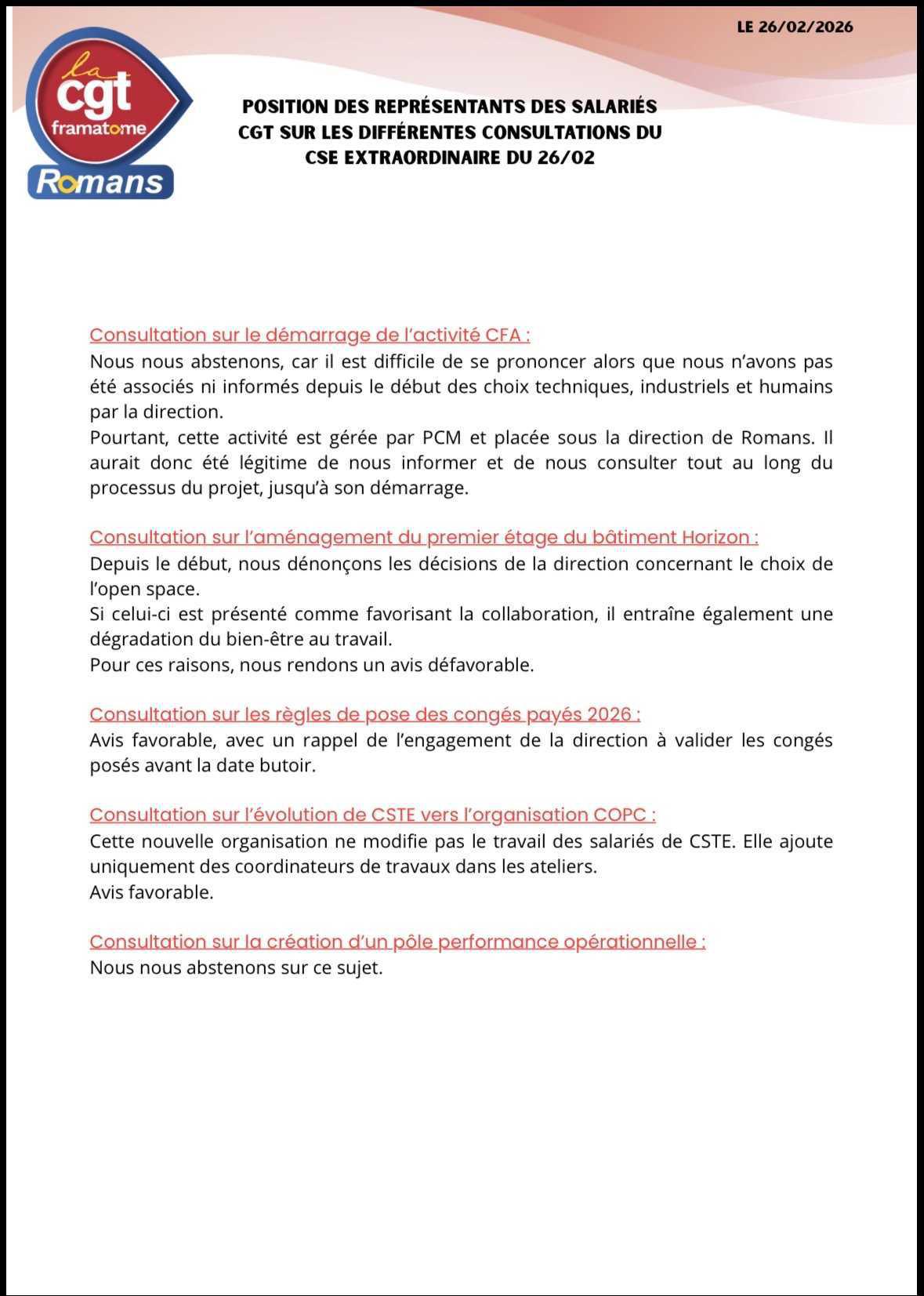 Les positions de la CGT Romans lors du CSE extra du 26 Février 2026 Les positions de la CGT Romans lors du CSE extra du 26 Février 2026