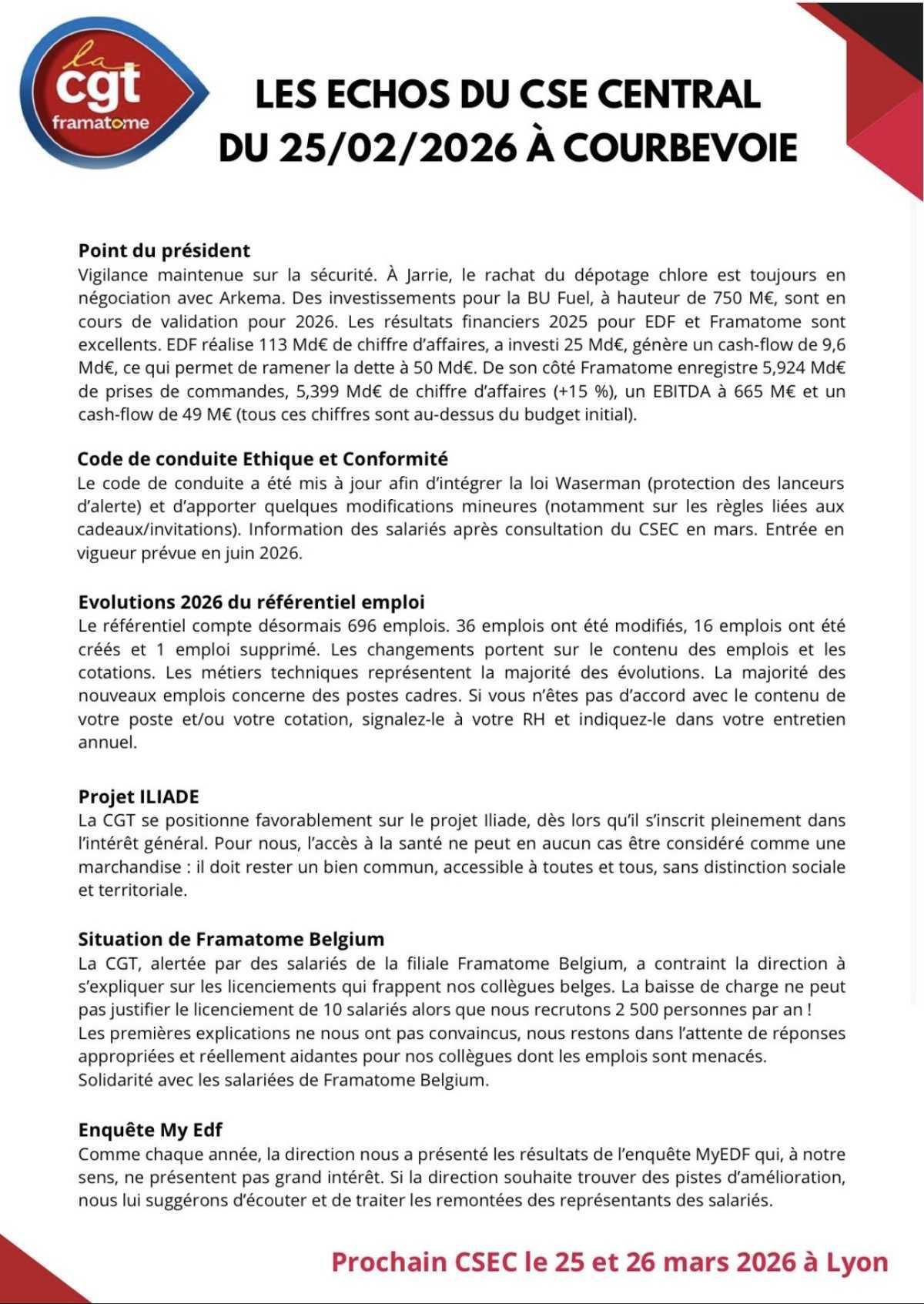 CSE Central du 25 février : compte rendu et déclaration CGT