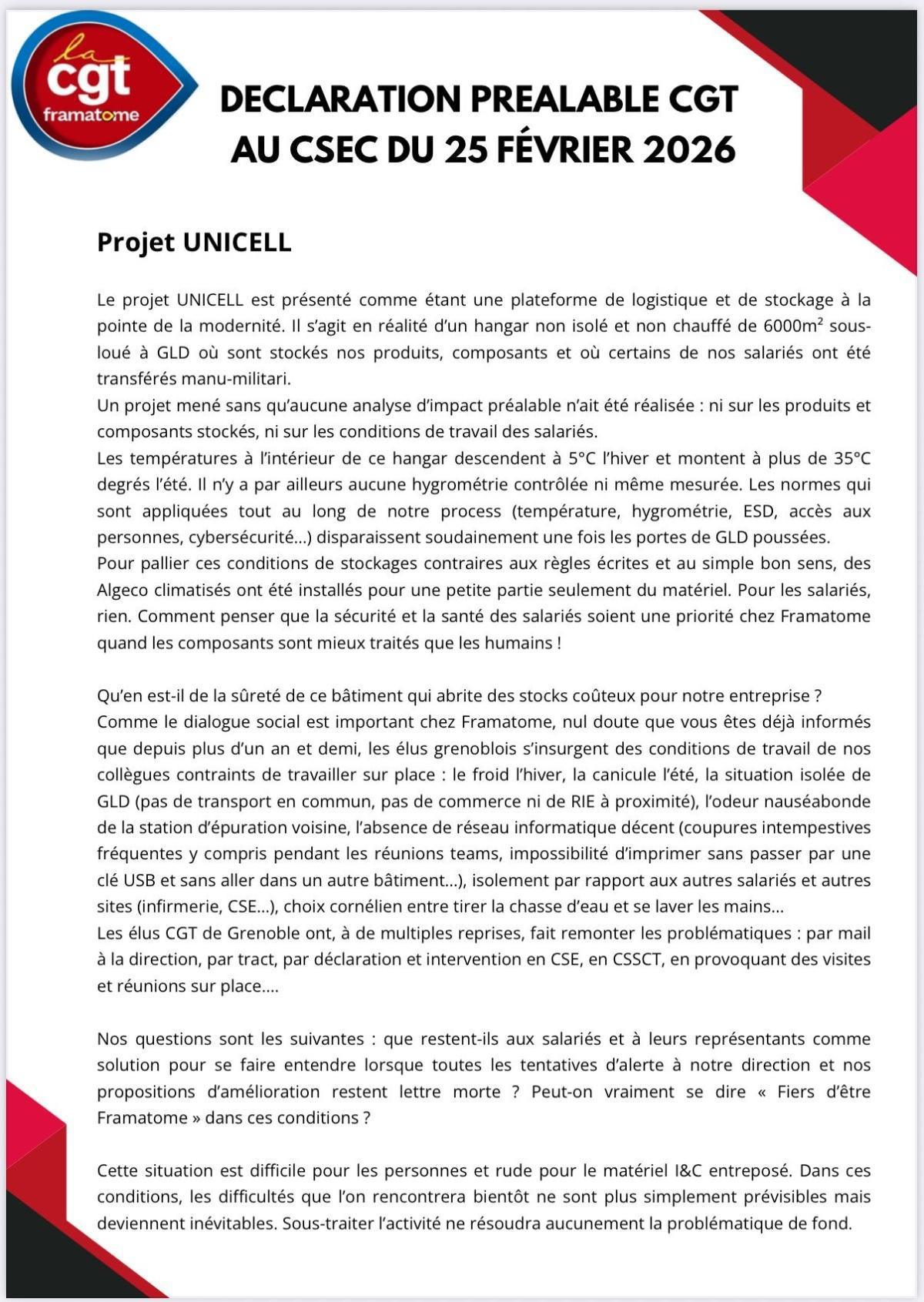 CSE Central du 25 février : compte rendu et déclaration CGT