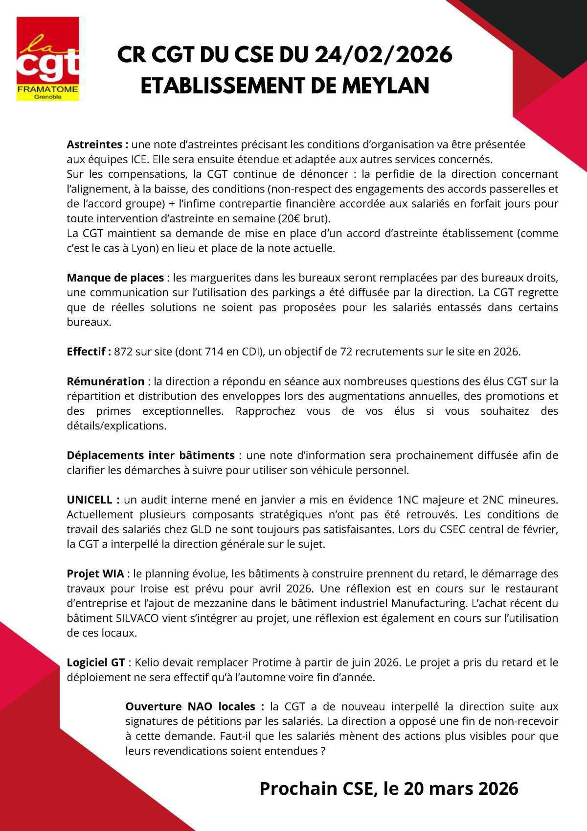 Compte rendu CGT du CSE du 24/02/2026