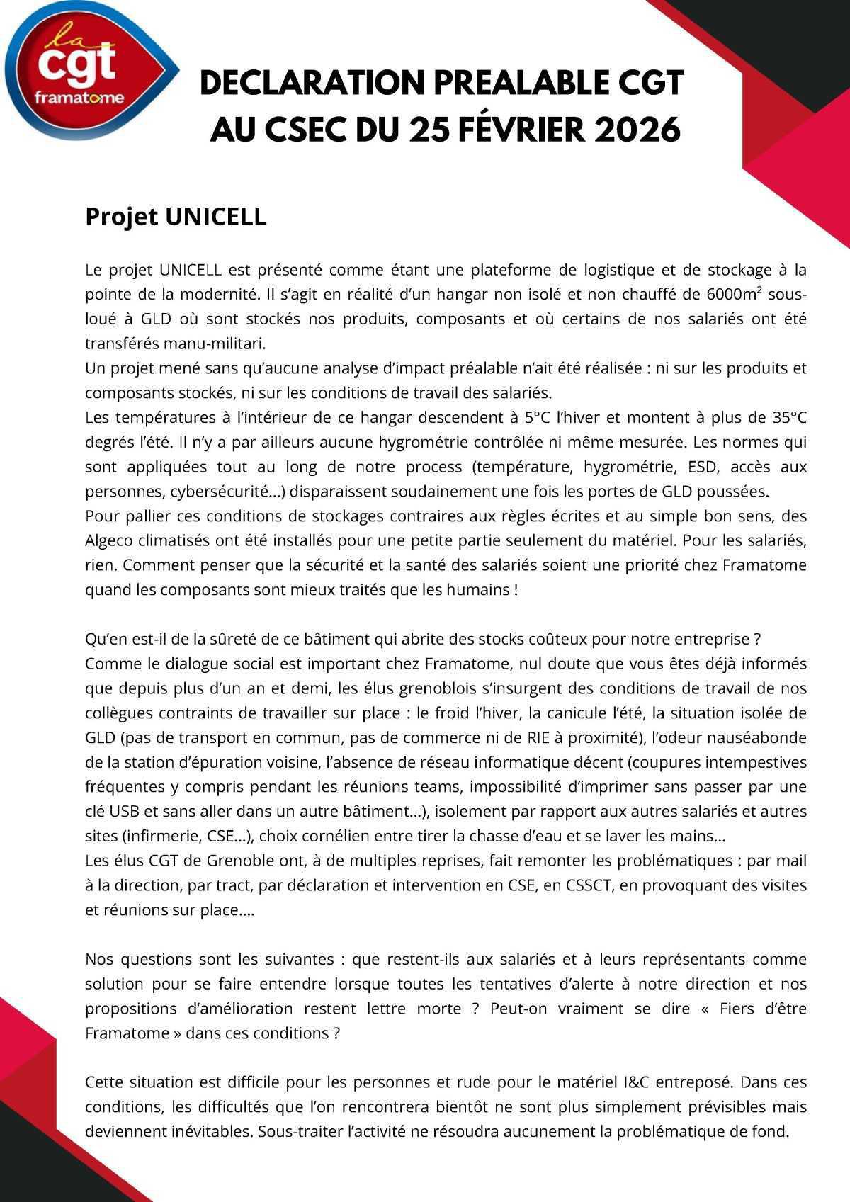 Déclarations de la CGT Framatome Grenoble au CSE Central de février 2026