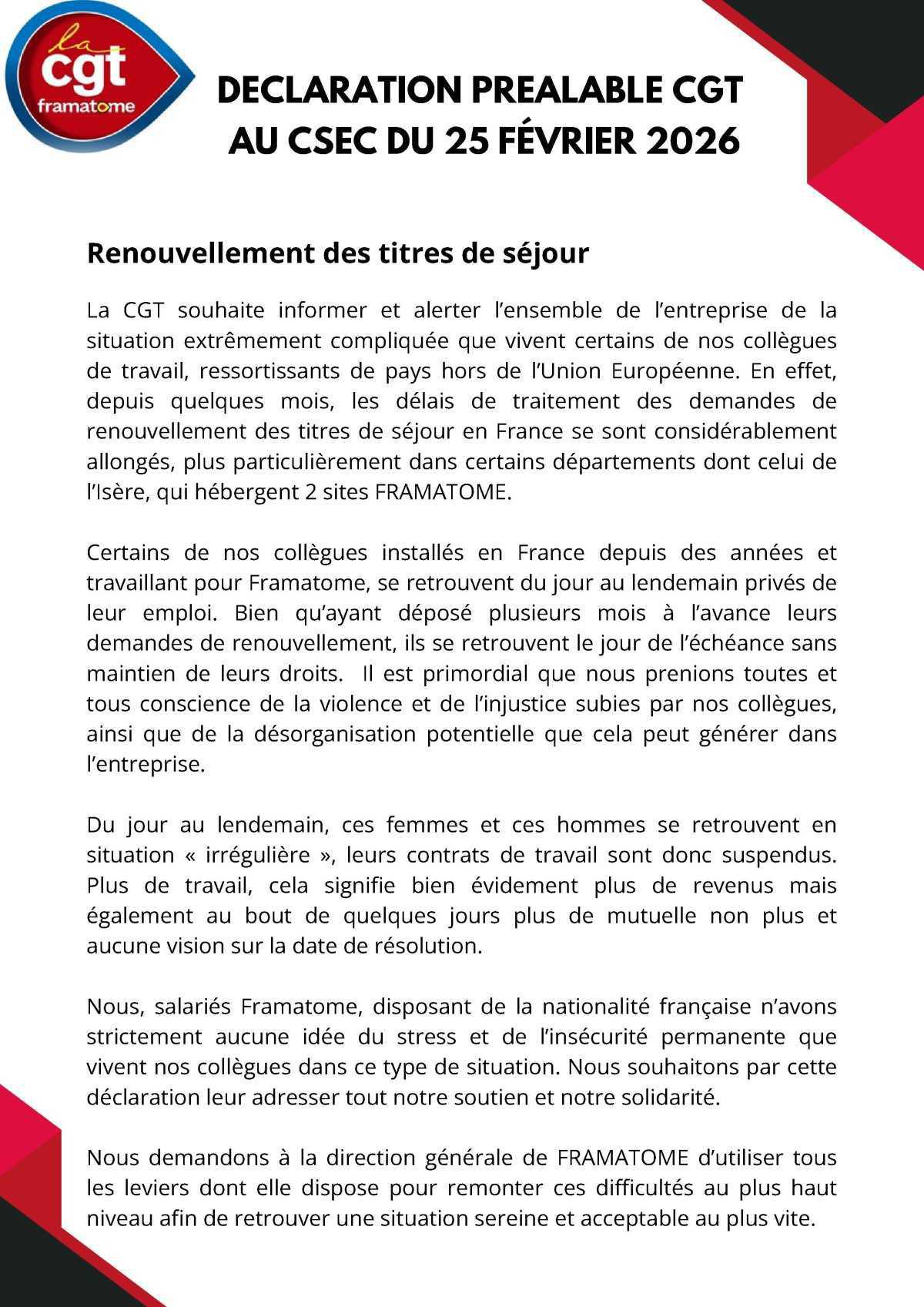 Déclarations de la CGT Framatome Grenoble au CSE Central de février 2026