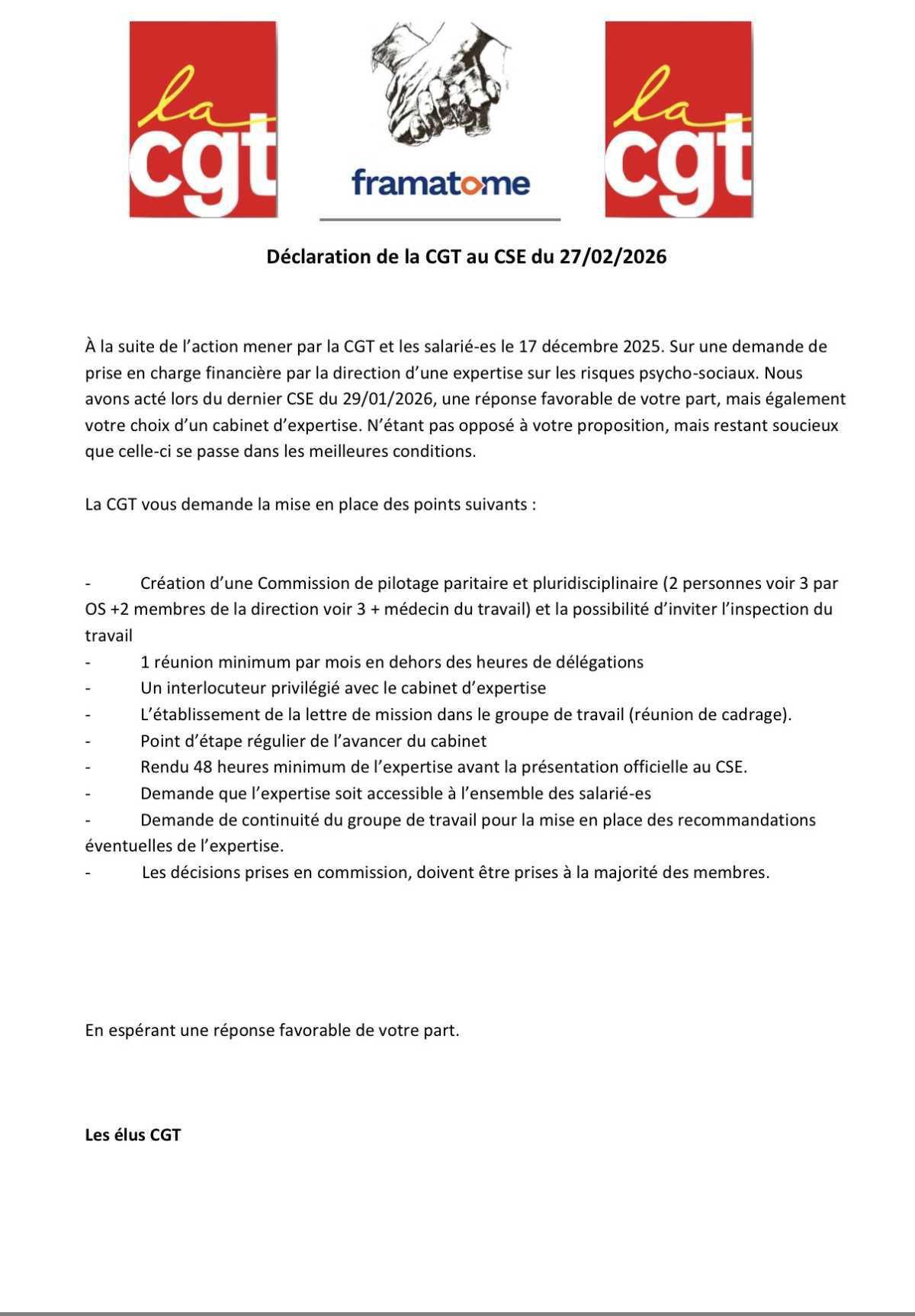 📣 Déclaration CGT au CSE du 27 Février 