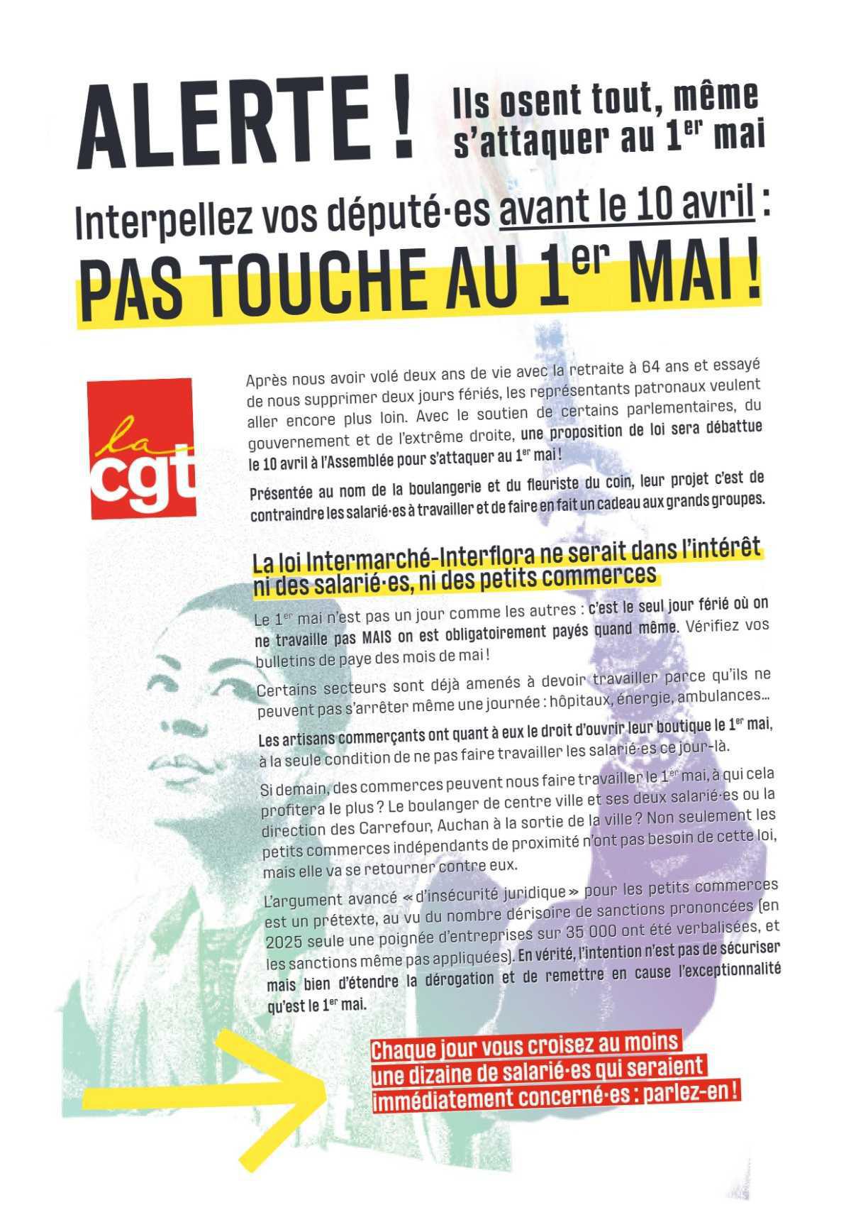 Menace sur le 1er mai : exprimez vous auprès de votre député avant le 10 avril ! Menace sur le 1er mai : exprimez vous auprès de votre député avant le 10 avril !