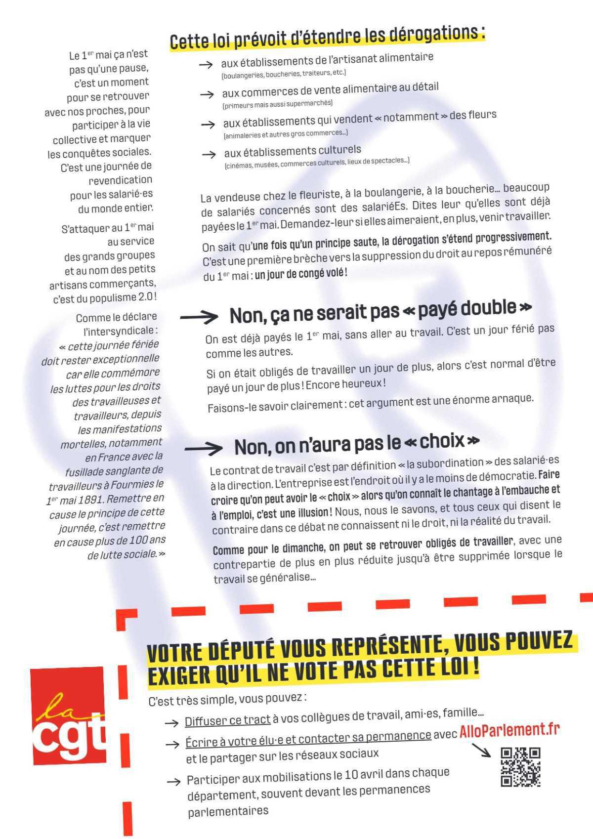 Menace sur le 1er mai : exprimez vous auprès de votre député avant le 10 avril ! Menace sur le 1er mai : exprimez vous auprès de votre député avant le 10 avril !
