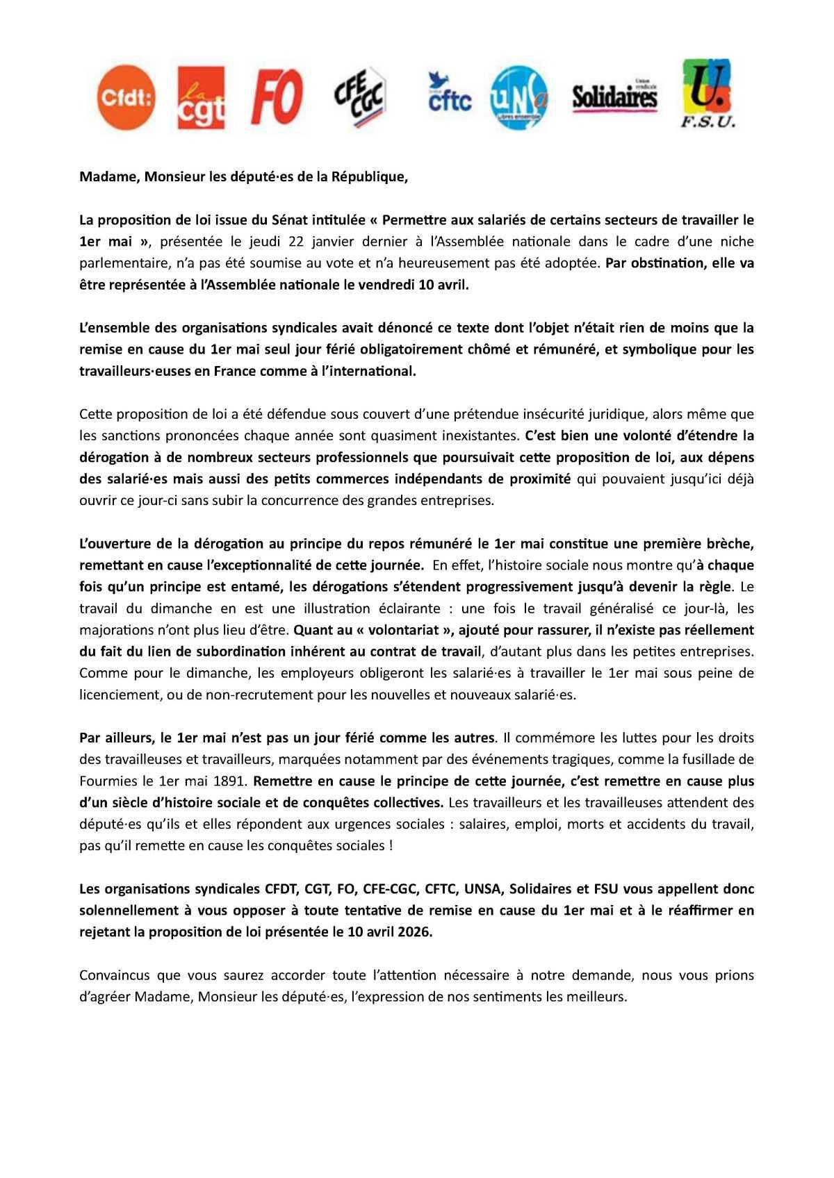 Menace sur le 1er mai : exprimez vous auprès de votre député avant le 10 avril ! Menace sur le 1er mai : exprimez vous auprès de votre député avant le 10 avril !