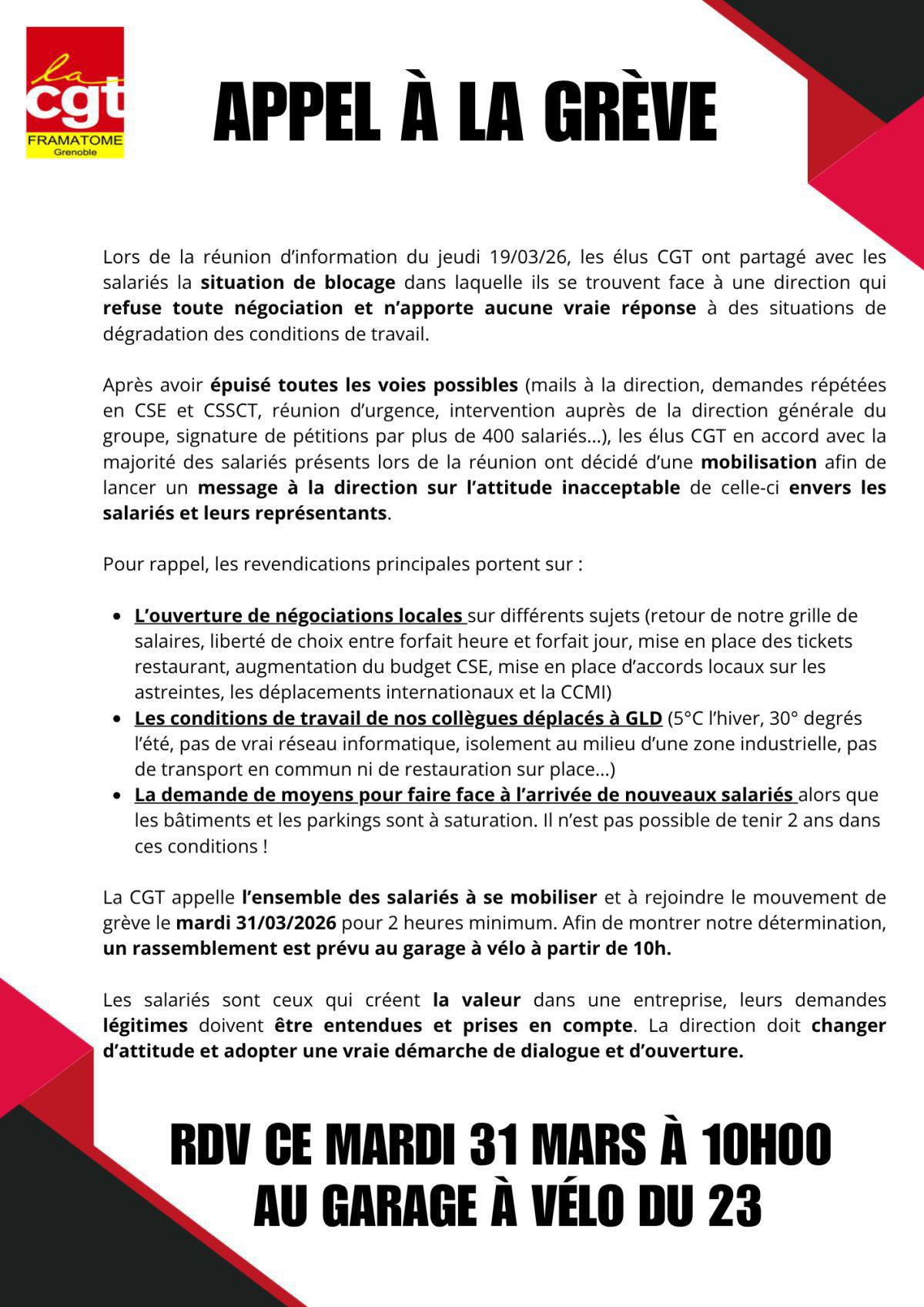 Appel à la grève le 31/03/2026