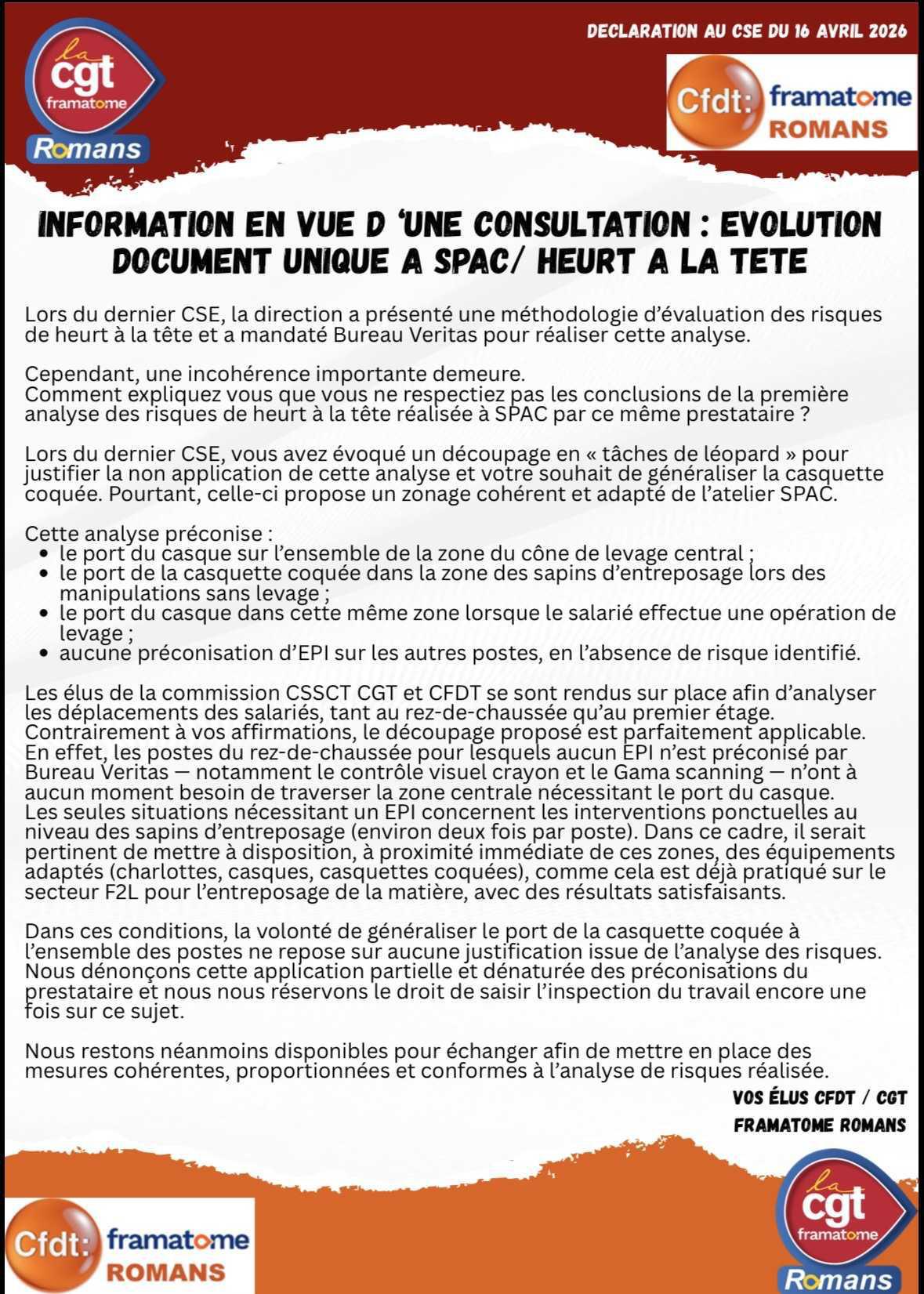 Déclaration intersyndicale concernant la casquette 
