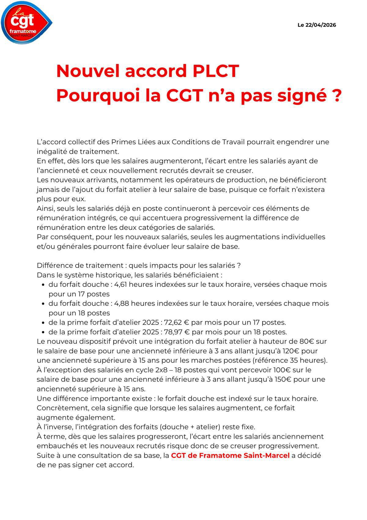Accord Primes Liées aux Conditions de Travail