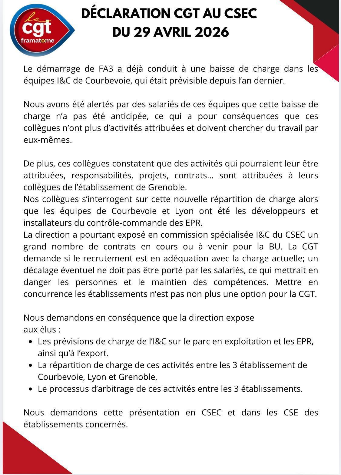  CSEC du 29 avril 2026, la CGT agit, vous informe 