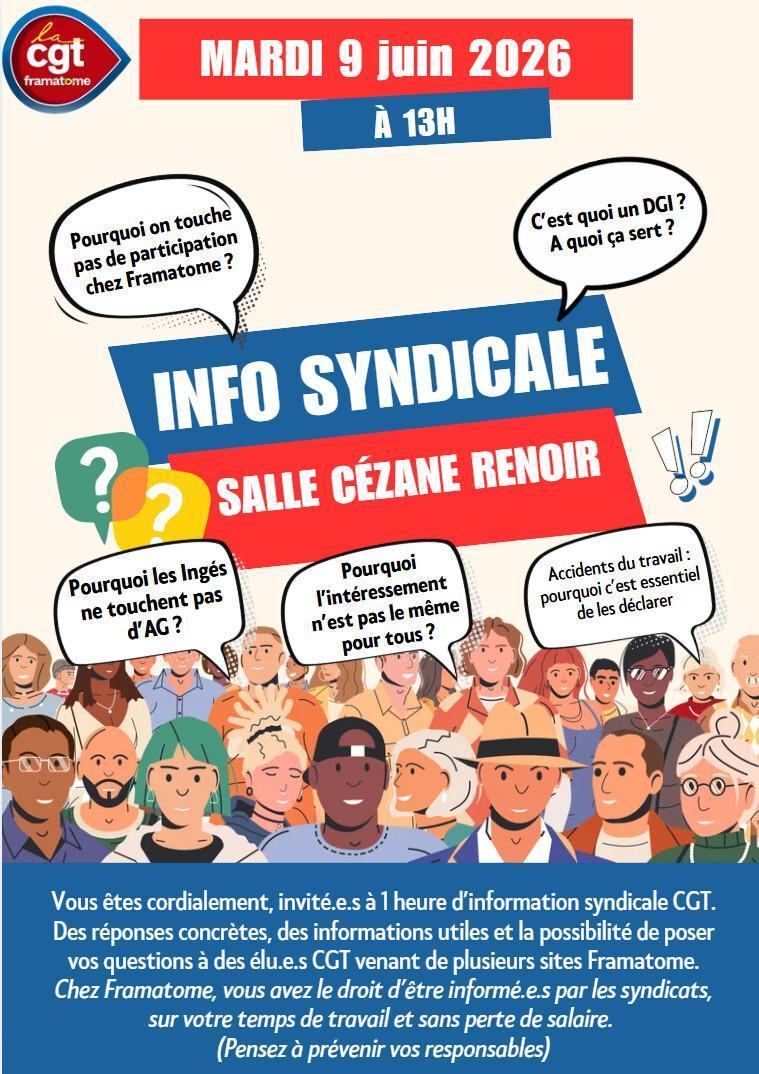 Information syndicale le mardi 9 juin 2026 de 13h00 à 14h00 salle Cézanne Renoir