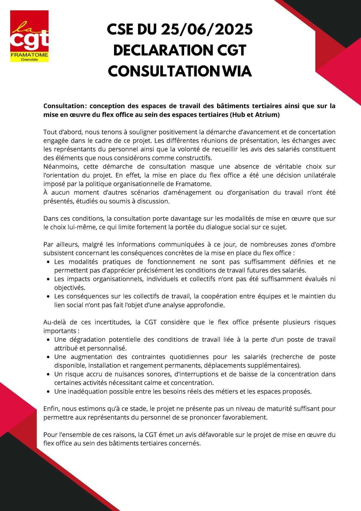 Déclaration CGT du CSE du 25 juin 2026