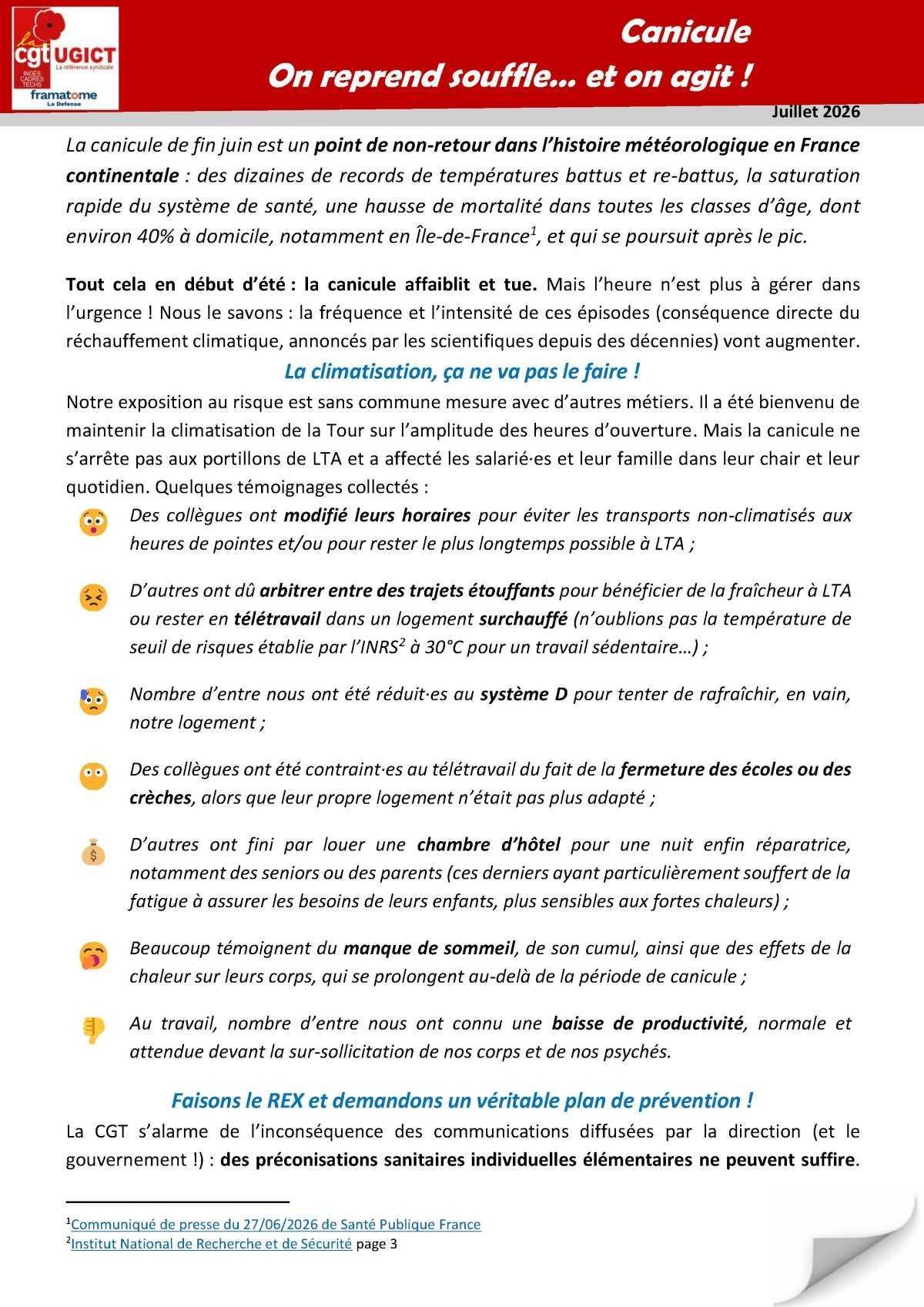 Canicule: constat et revendications CGT