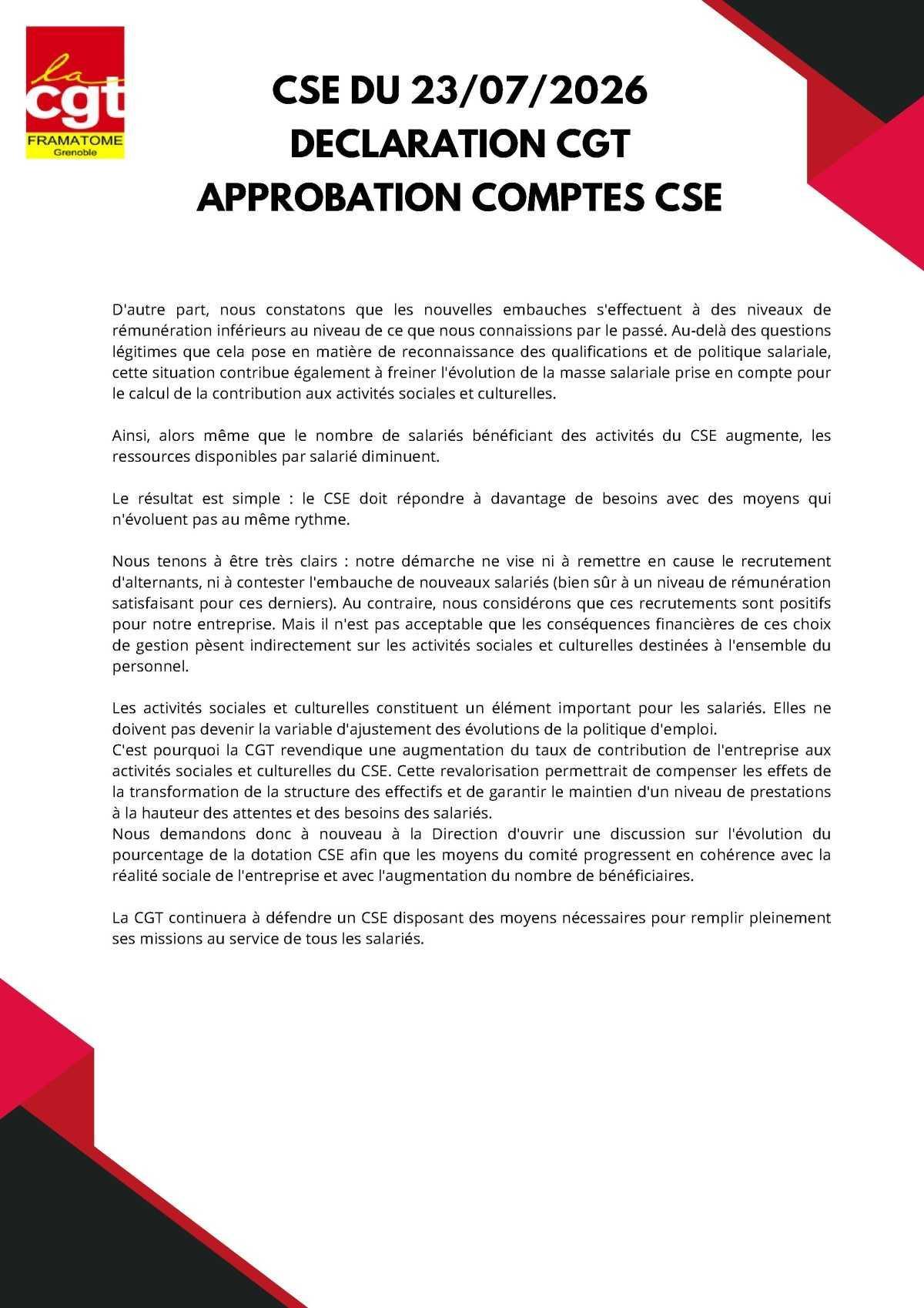 Déclaration CGT du CSE de juillet 2026