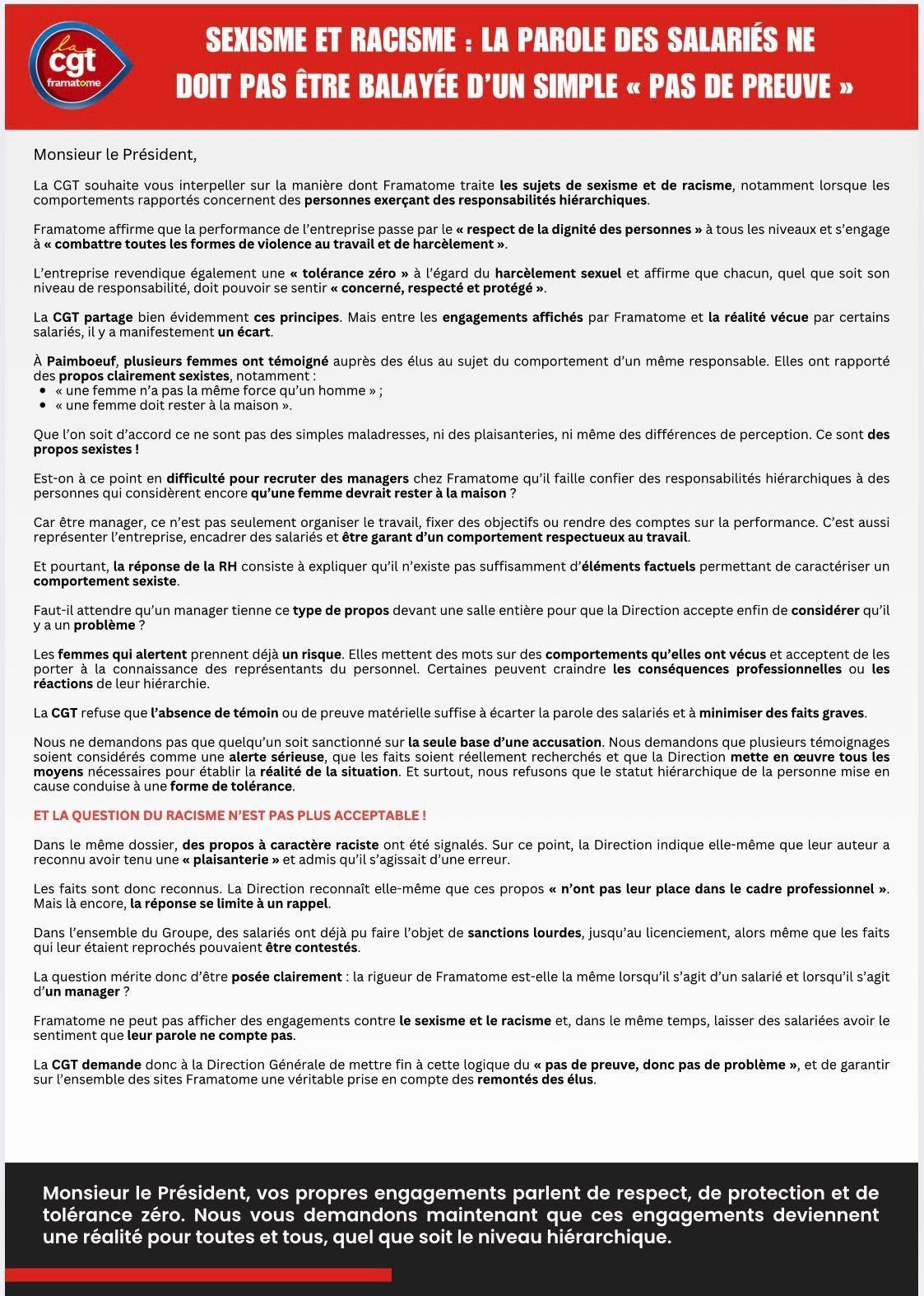 🔴 SEXISME ET RACISME : LA CGT INTERPELLE LA DIRECTION 