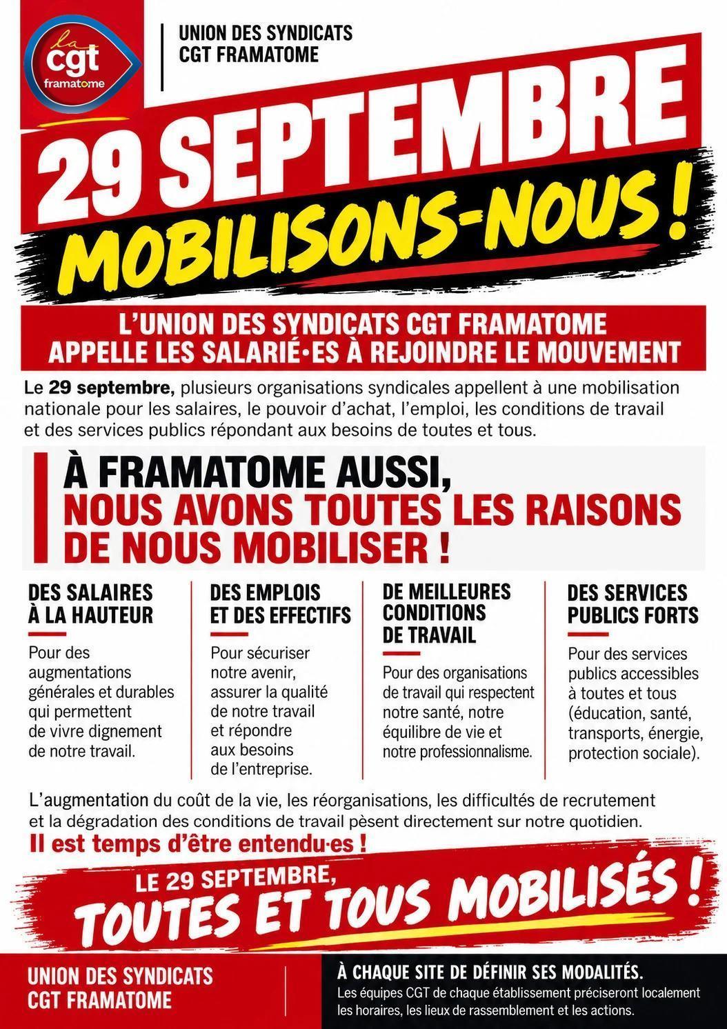 29 SEPTEMBRE : À FRAMATOME AUSSI, MOBILISONS-NOUS !
