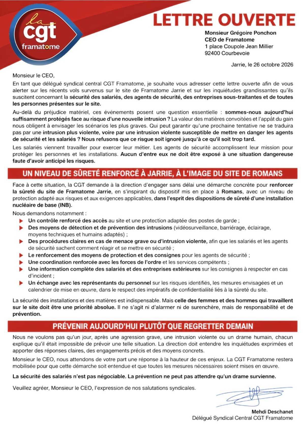 Sécurité à Framatome Jarrie : la CGT interpelle le PDG et demande des mesures immédiates