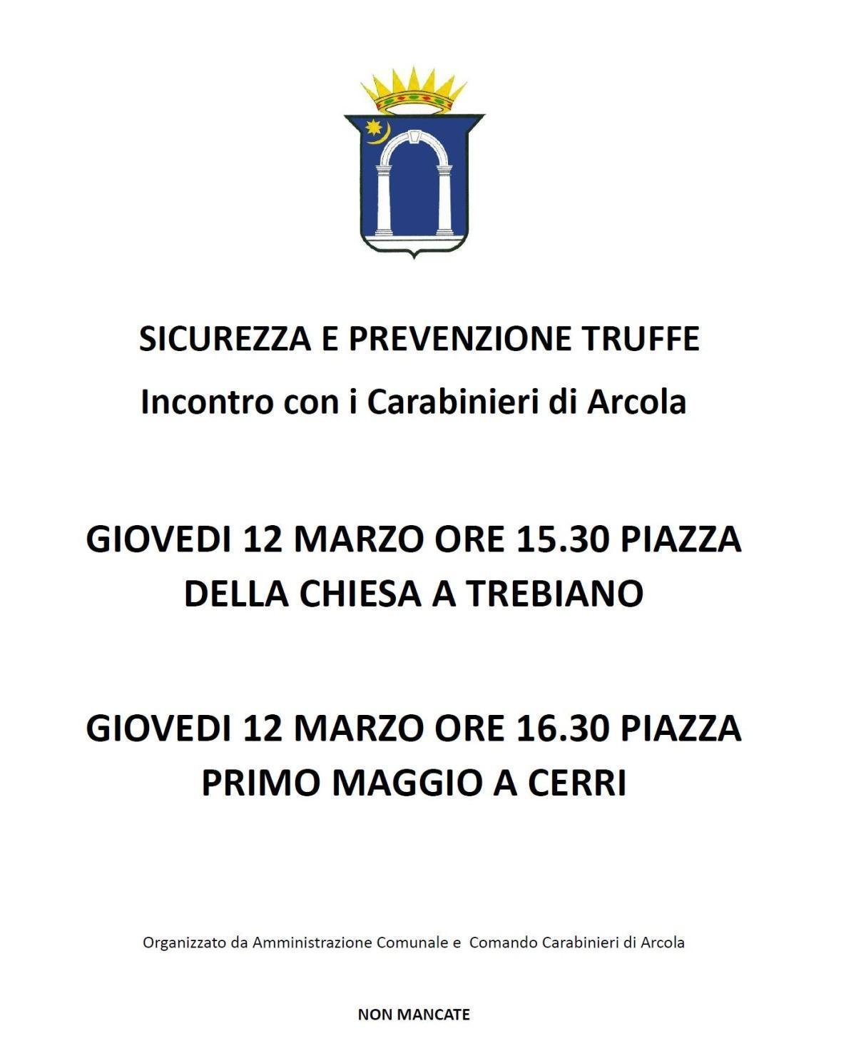 Sicurezza e prevenzione truffe - incontro con i Carabinieri di Arcola (inizio ore 15.30)