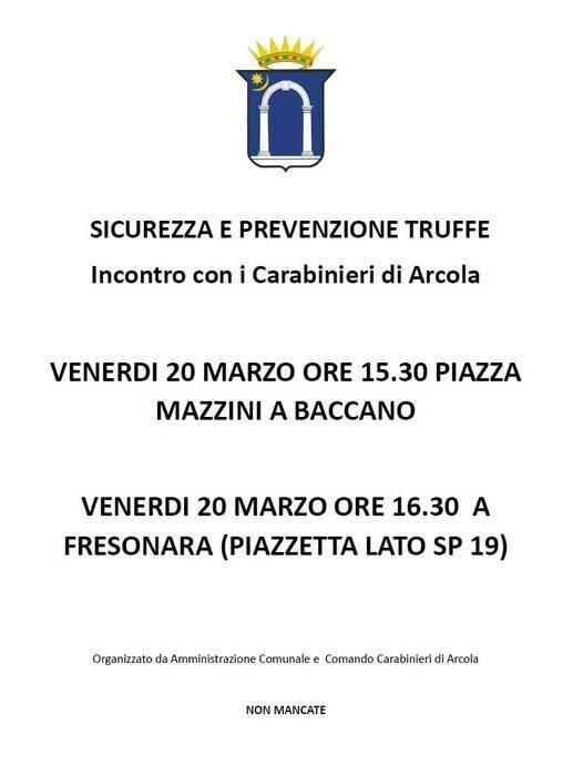 Sicurezza e prevenzione truffe - incontro con i Carabinieri di Arcola (inizio ore 16.30)