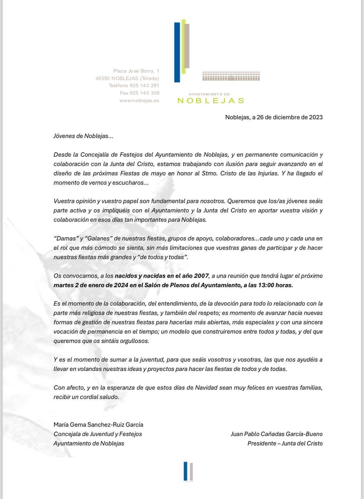 Comunicado Ayto.Noblejas / Junta Cristo representantes de la juventud 2024