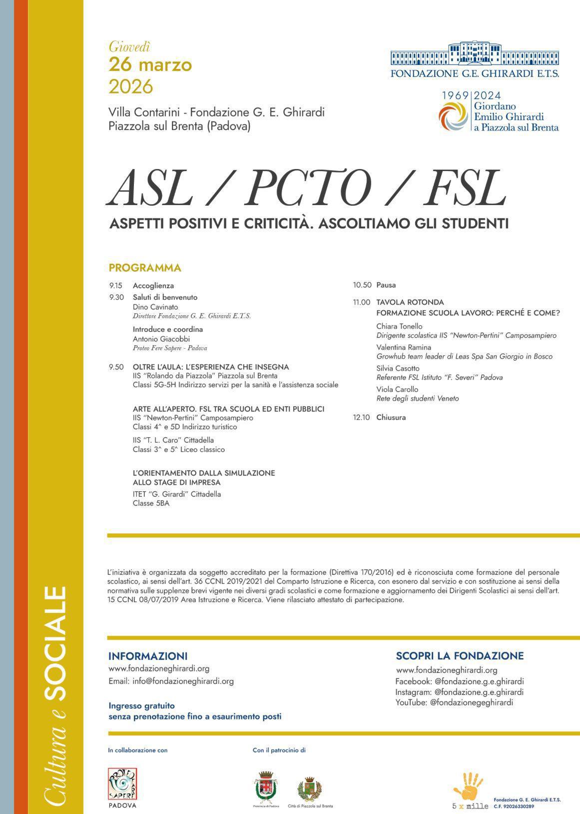 "ASL /PCTO/FSI" - aspetti positivi e criticità (dalle ore 9.15 alle 12.00)