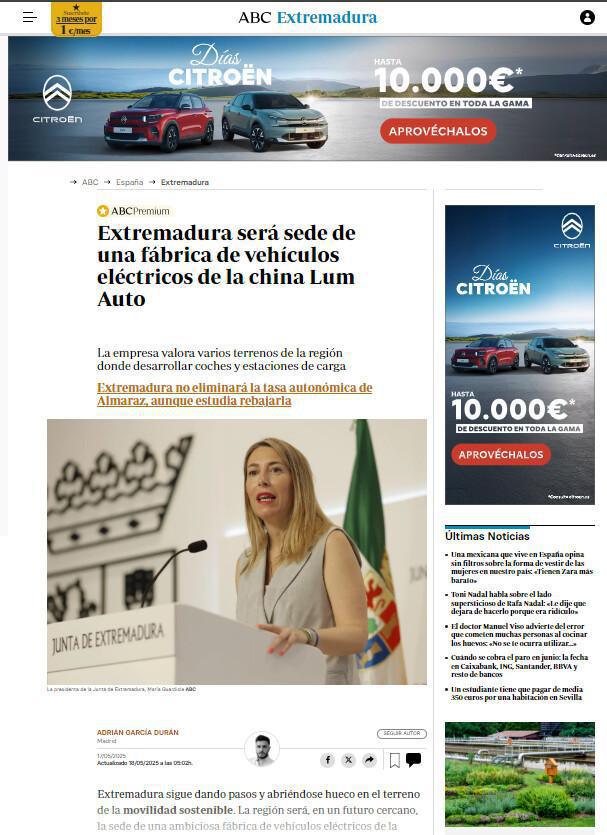 Extremadura será sede de una fábrica de vehículos eléctricos de la china Lum Auto