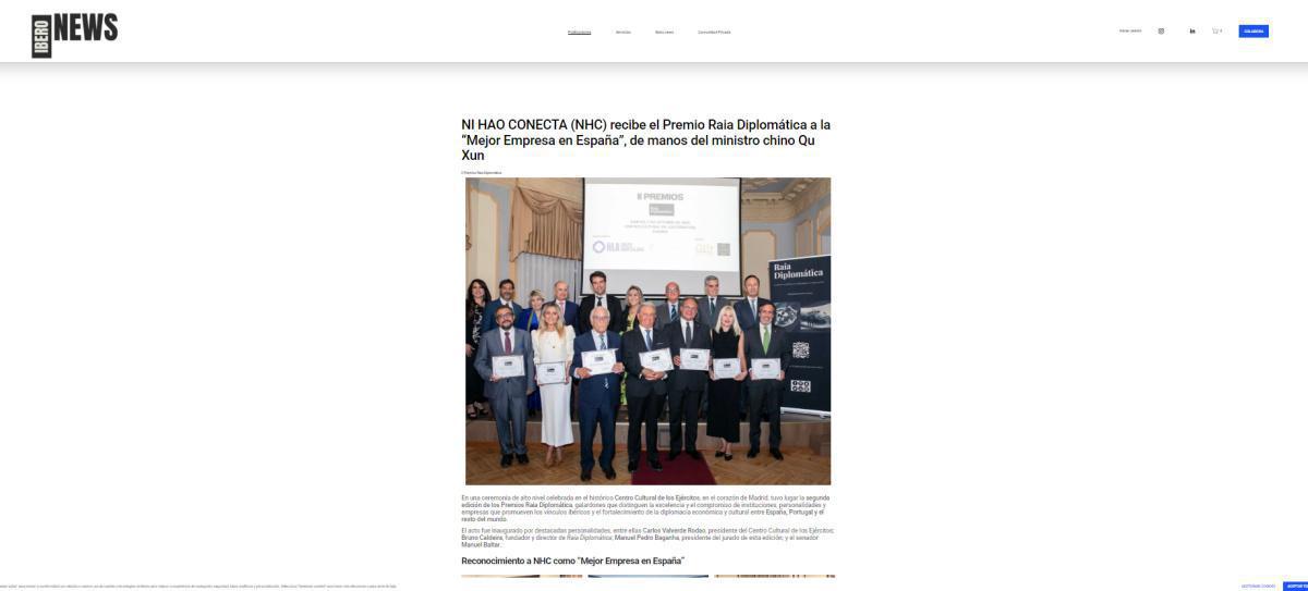 NI HAO CONECTA (NHC) recibe el Premio Raia Diplomática a la “Mejor Empresa en España”, de manos del ministro chino Qu Xun