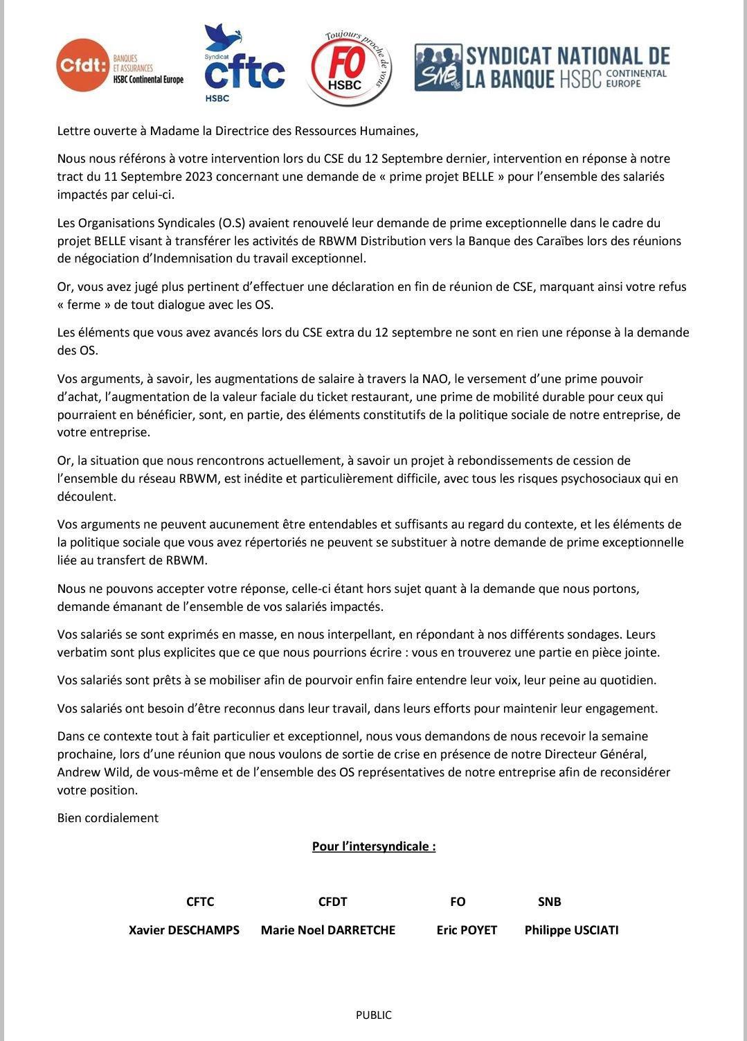 Lettre ouverte en intersyndicale à Madame la Directrice des Ressources Humaines