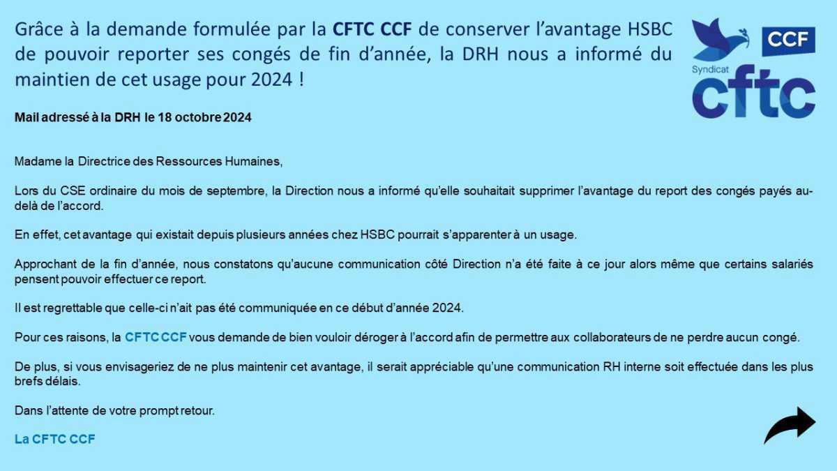NEWS CFTC CCF SUR LE REPORT DES CONGES 