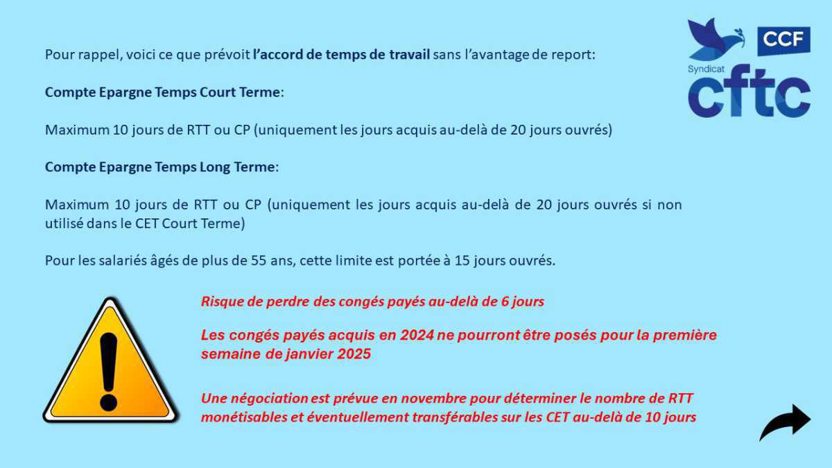NEWS CFTC CCF SUR LE REPORT DES CONGES 