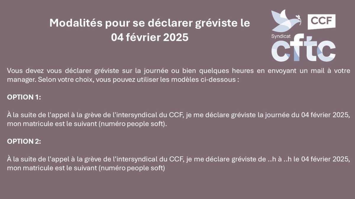 GREVE CCF BANQUE / MODALITES ET INFOS DE LA CFTC CCF