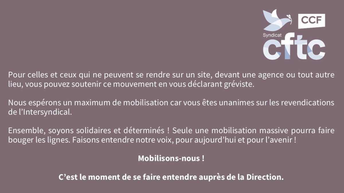 GREVE CCF BANQUE / MODALITES ET INFOS DE LA CFTC CCF