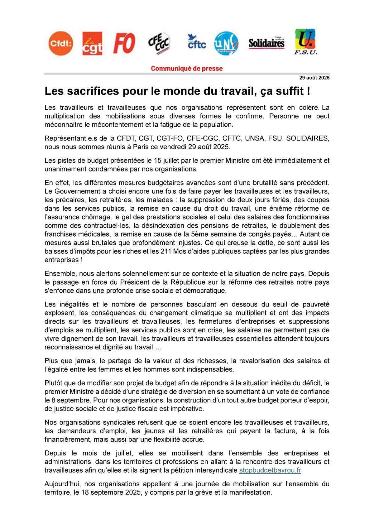 CP Intersyndical et mobilisation : Les sacrifices pour le monde du travail, ça suffit !