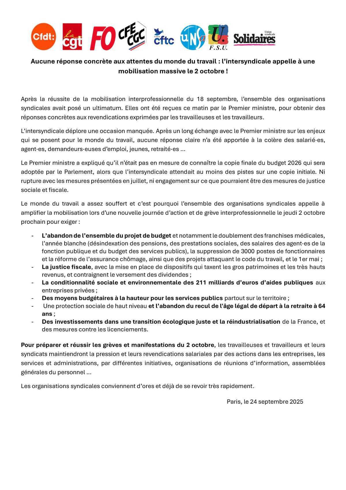 2 octobre 2025 - L’intersyndicale lance un appel à la grève