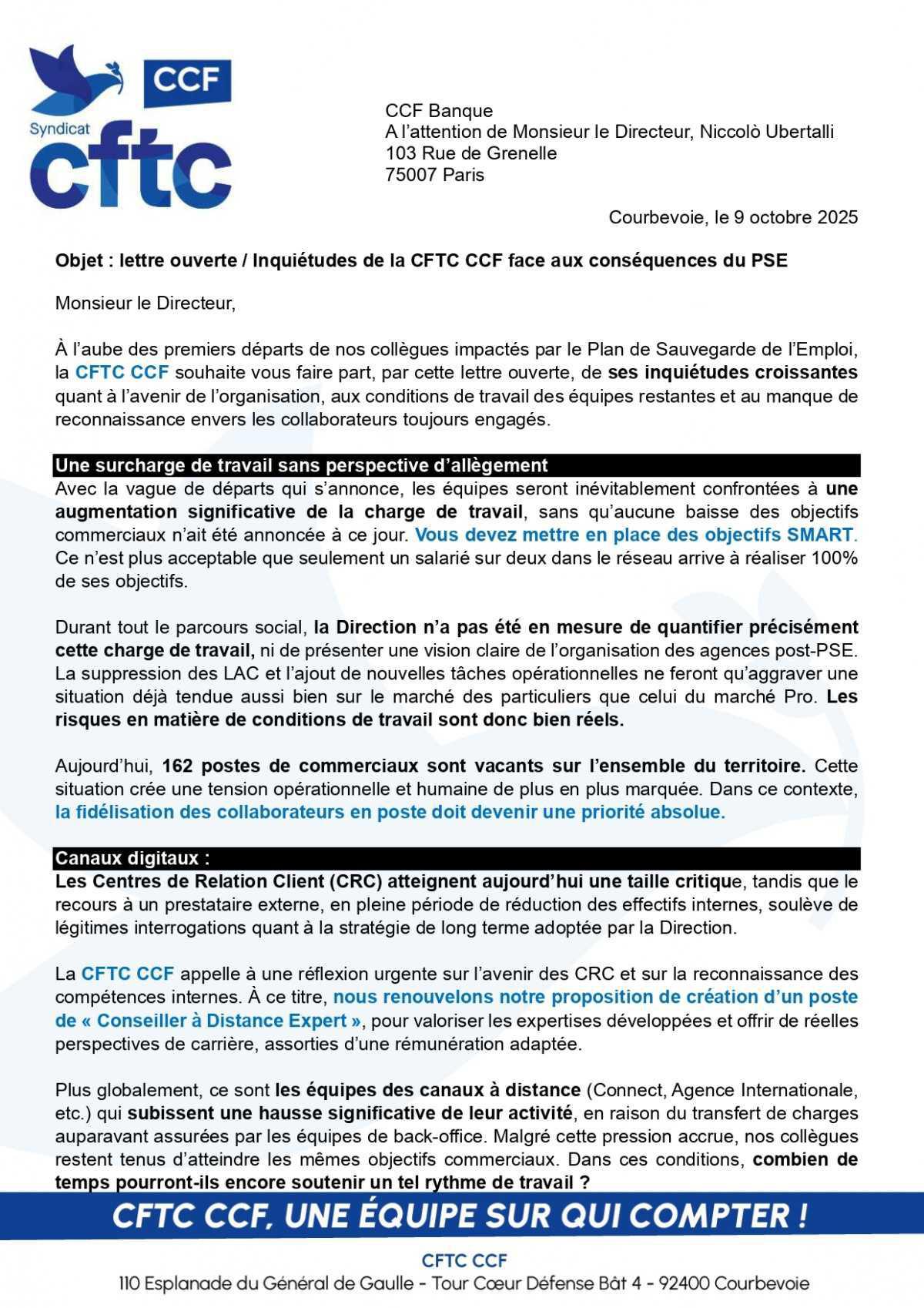 La CFTC CCF écrit à Niccolò Ubertalli - Directeur du CCF